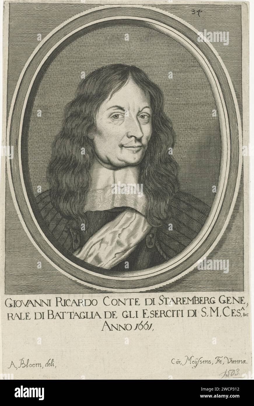 Portrait de Giovanni Ricardo Starhemberg, Cornelis Meyssens, d'après Adriaen van Bloemen, 1670 - 1674 tirage Portrait de Giovanni Ricardo Comte de Starhemberg. Au bas de la marge son titre et sa fonction en italien. Numéroté en haut à droite : 34. Gravure sur papier Vienne Banque D'Images