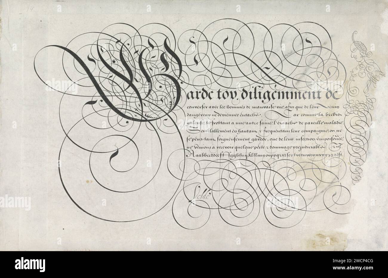 Exemple d'écriture : garde Toy (...), 1605 imprimer exemple d'écriture avec une initiale ornée g et sept lignes de texte en français : garde Toy ... en bas, un alphabet de cabinet inférieur dans la main en question. Le texte est encadré par curl. Sur le côté droit, une colonne herme ou bordure en boucle. L'impression fait partie d'un album. Imprimeur : Haarlemafter design by : Rotterdam papier gravure calligraphie Banque D'Images
