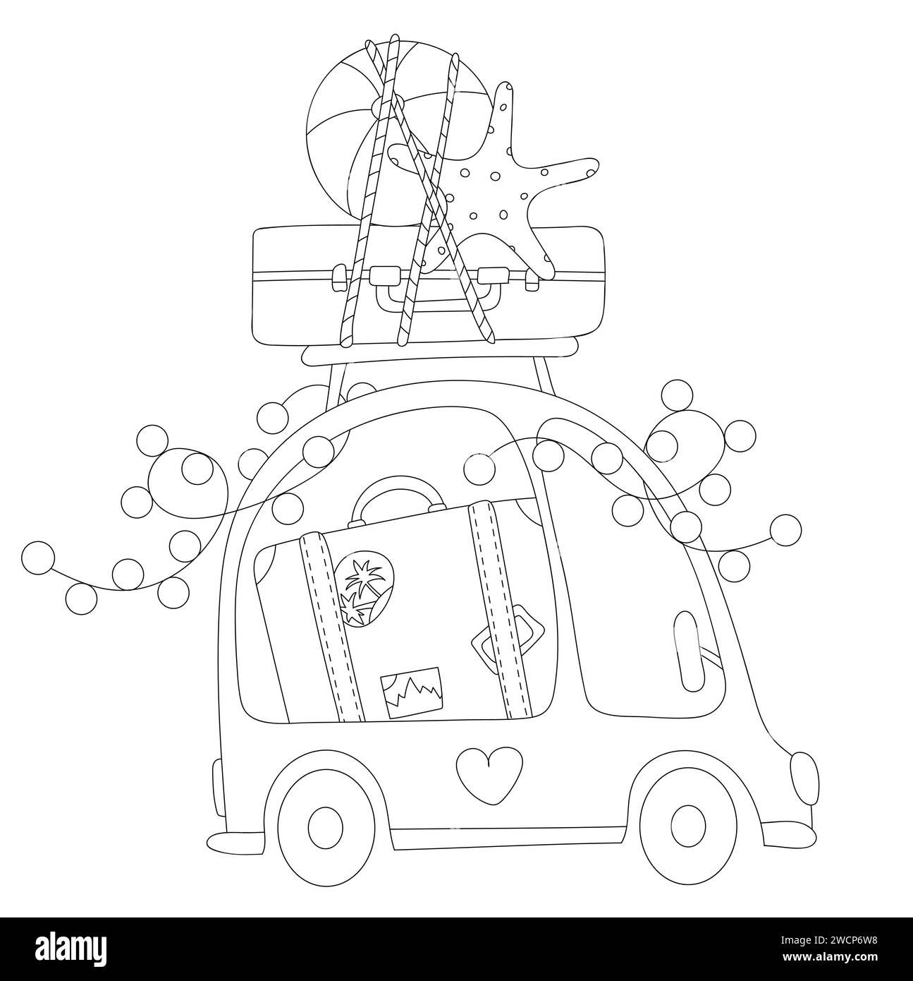Illustration vectorielle - Coloriage page montre Une voiture avec des valises et Une balle en vacances, et Une valise avec Une balle et Une étoile de mer Illustration de Vecteur