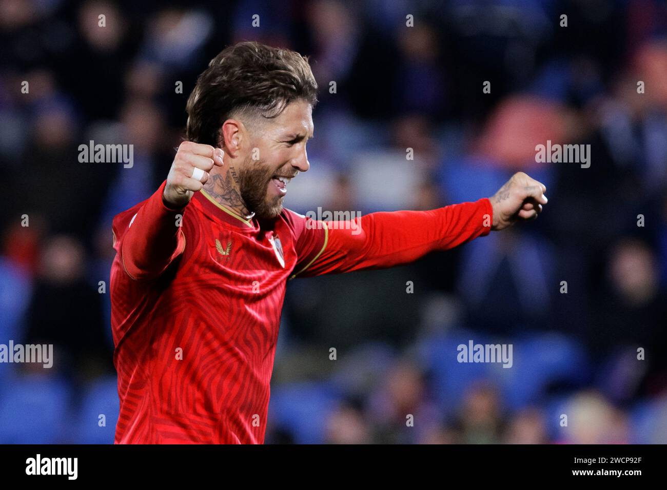 GETAFE, ESPAGNE - 16 JANVIER 2024 : Sergio Ramos de Séville célèbre la victoire lors du Copa del Rey Round of 16 match entre Getafe et Séville au Coliseum Stadium. Crédit : Guille Martinez/AFLO/Alamy Live News Banque D'Images