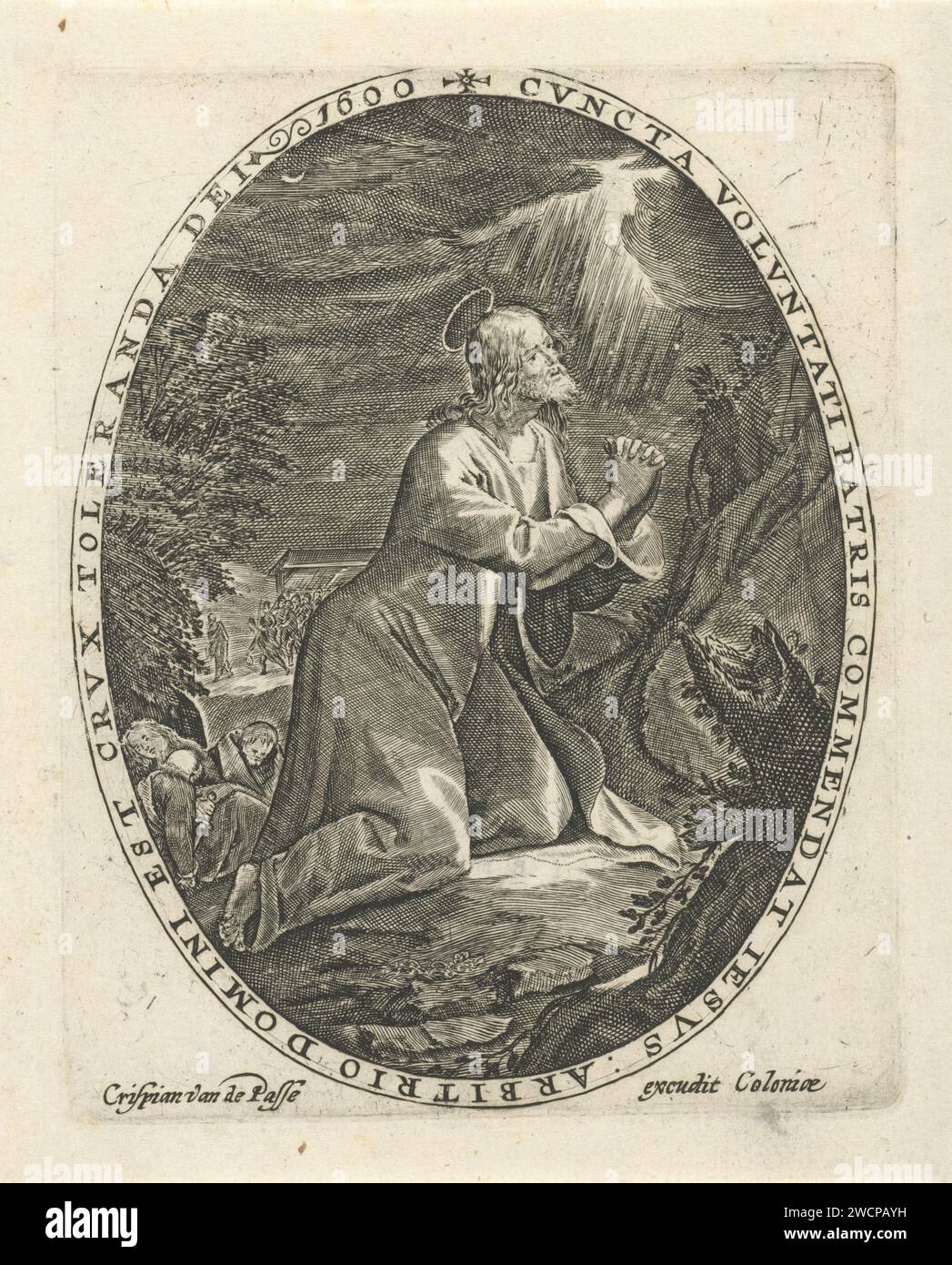 Christ dans la cour de Getsémane, Crispijn van de passe (I), 1600 print Christ prie Dieu dans la cour des olives pendant que ses étudiants dorment. En arrière-plan, Judas les soldats pointe l'endroit où Christ prie. Le spectacle est pris dans un cadre ovale avec un bord écrit en latin. Imprimer à partir d'une série avec la passion du Christ. Gravure sur papier Cologne agonie du Christ ; trois (ou onze) apôtres dormant. Prière du Christ dans le jardin de Gethsémani pendant la nuit Banque D'Images