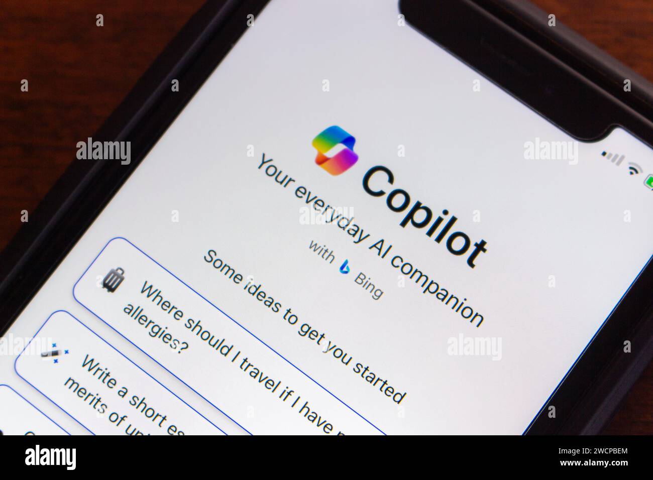 Vancouver, CANADA - janvier 2 2024 : site Web Microsoft CoPilot vu sur un écran iPhone. CoPilot est un chatbot développé par MS Banque D'Images