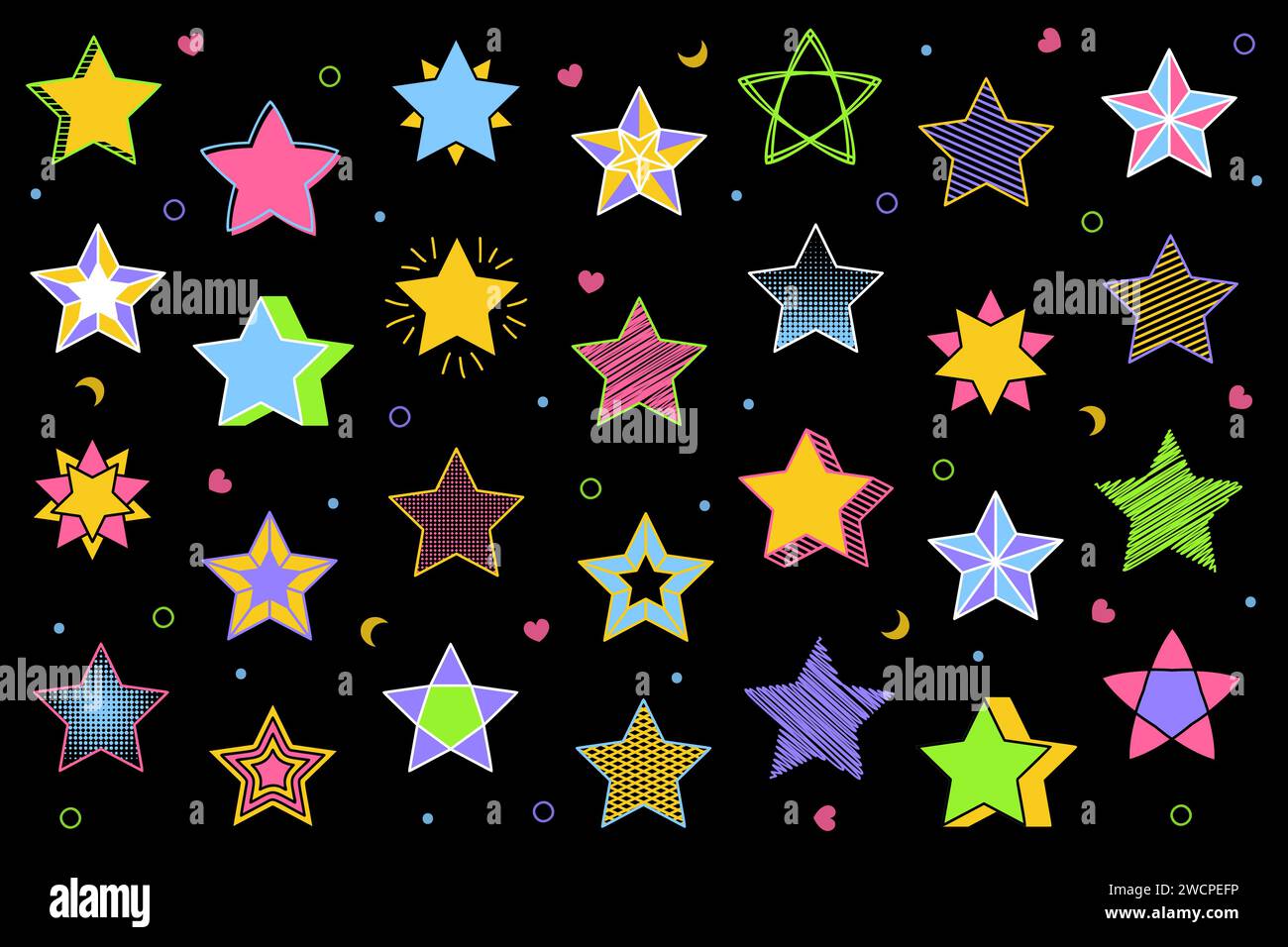Ensemble d'étoiles abstrait style rétro. Forme d'étoile style rétro des années 80-90s. Couleurs tendance étoiles minimales éléments modernes. Demi-teinte et style suisse. Ensemble de formes d'étoiles. Illustration vectorielle Illustration de Vecteur
