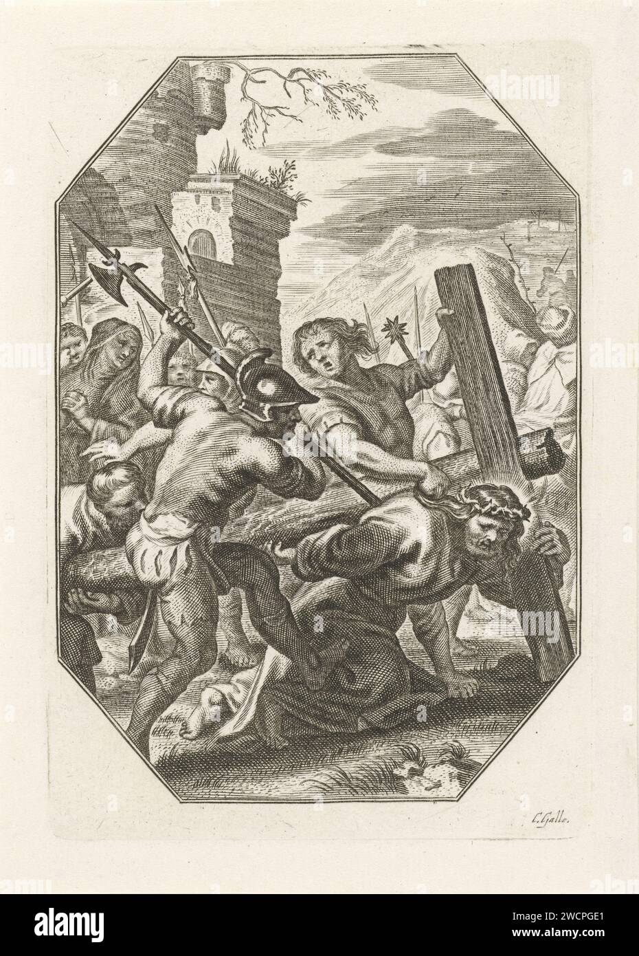 Crossing, Cornelis Galle (I), 1586 - 1650 print Christ fouilla sur le chemin du Golgotha sous le poids de la croix et s'enfonce à travers ses genoux. Un soldat le pousse dans son dos avec un pardon hella. Neuvième tirage d'une série de 13, avec des performances de l'histoire souffrante du Christ. Sud des pays-Bas gravure sur papier Christ s'effondrant  port de la croix Banque D'Images