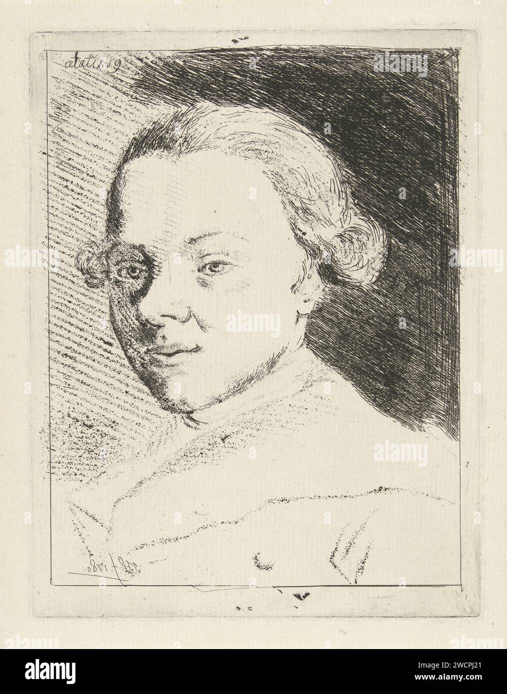 Autoportrait de Jabes Heenck, Jabes Heenck, buste imprimé 1780 à gauche du peintre Jabes Heenck. Dans le coin supérieur gauche de Spiegelschrift : Aetatites 19. Nord des pays-Bas, jeune, adolescent Banque D'Images