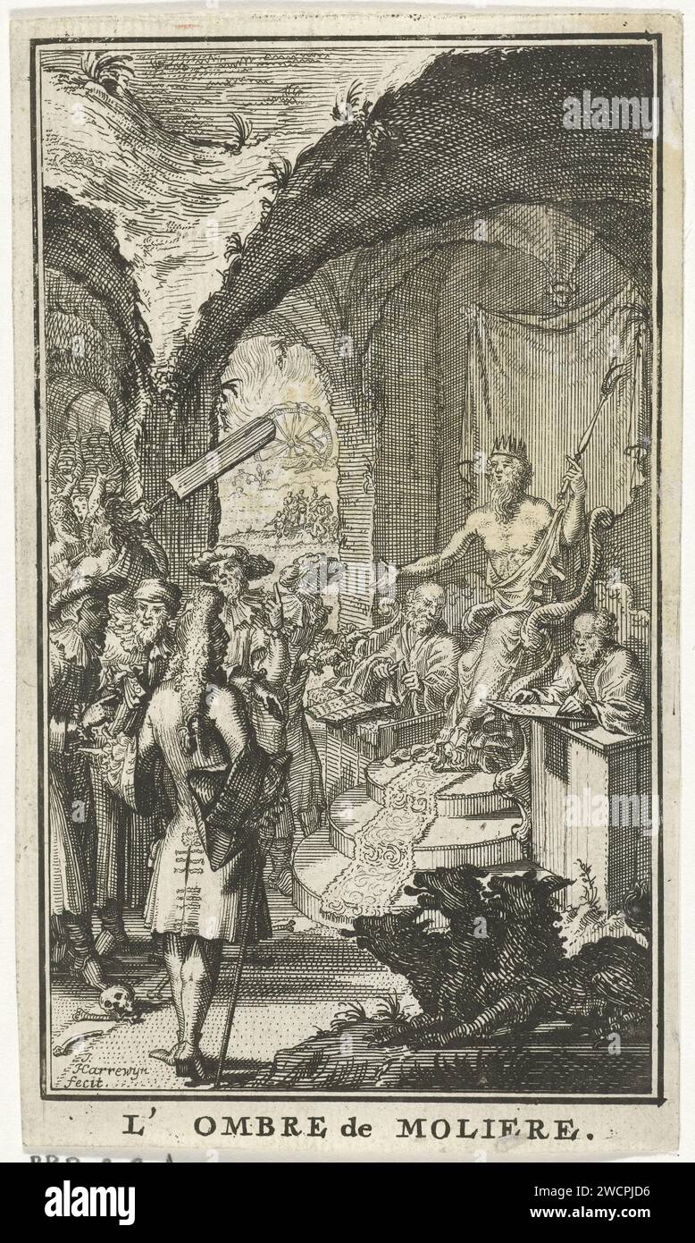 Molière pour les juges de Pluton, Jacobus Harrewijn, 1683 imprimer le Molière récemment décédé à Hadès pour Pluton sur une élévation, flanqué de deux juges d'écriture. Au premier plan le chien à trois têtes Cerberus et devant le trône quelques hommes en conversation. En arrière-plan le feu de l'enfer, dans lequel la roue avec l'iXion liée. Low Countries papier gravure Hades, The Underworld. Tartarus (et les condamnés qui y sont assignés). IXion sur une roue brûlante. Cerberus, le chien à trois ou plusieurs têtes ; 'Cerbero' (Ripa) Banque D'Images