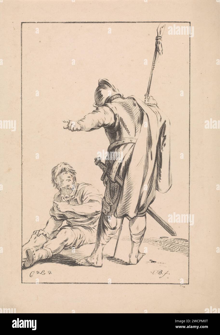 Soldat et assis, Joannes Bemme, d'après le monogrammiste cvl., d'après Cornelis Saftleven, 1809 - 1841 imprimer le soldat, vu au dos, est légèrement penché vers l'avant. Dans sa main droite il a une fusée, avec son bras gauche il pointe vers la gauche. Il porte une épée à sa ceinture. Un homme est allongé sur le sol sous lui. Il regarde le soldat et pointe dans une direction différente. Soldat privé néerlandais en papier. assis sur le sol. hacking et propulser des armes : épée Banque D'Images