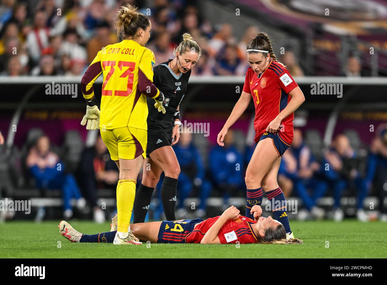 Laia Codina blessée lors de la finale Angleterre - Espagne de la coupe du monde féminine de la FIFA 2023 Australie et Nouvelle-Zélande, Sydney, Australie le 20 août 2023 Banque D'Images