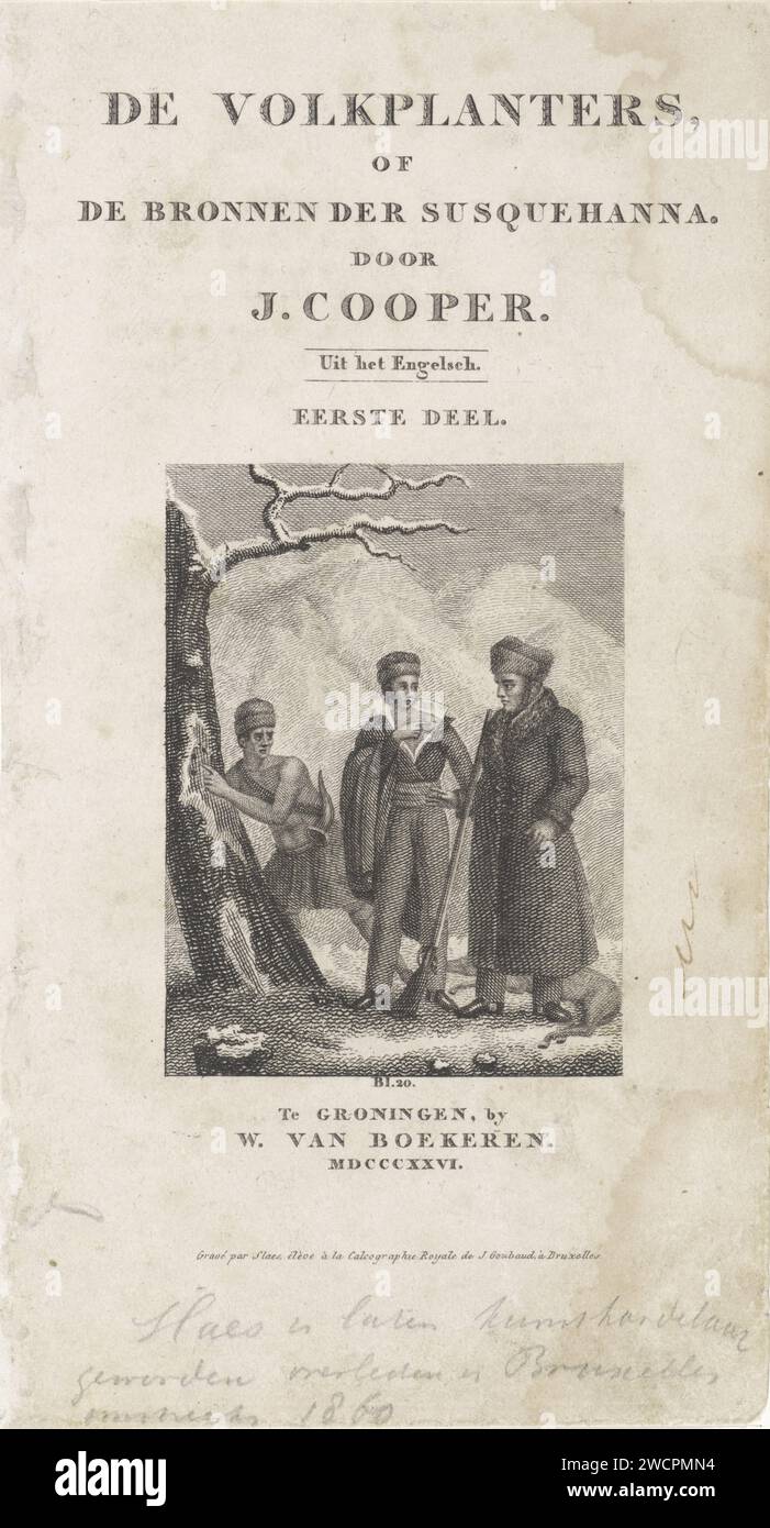 Twist à propos d'un cerf abattu, Slaes, en ou avant 1826 imprimer Un jeune homme montre un trou de balle dans son épaule à un homme avec une arme à feu. Un américain original, vêtu d'une jupe et avec une corne d'écrasement sur une ceinture au-dessus de son épaule, pointe vers quatre trous de balle dans le tronc d'un arbre enneigé. Il y a un cerf sur le sol. En haut et en dessous de l'image le titre, l'impressum et les données du imprimeur. Imprimeur : Brusselspublisher : Groningen papier gravure armes à feu : fusil. chasse au roe. Mort violente par armes à feu - EE - mort pas certaine ; personne blessée. Peuples autochtones d'Amérique du Nord Banque D'Images