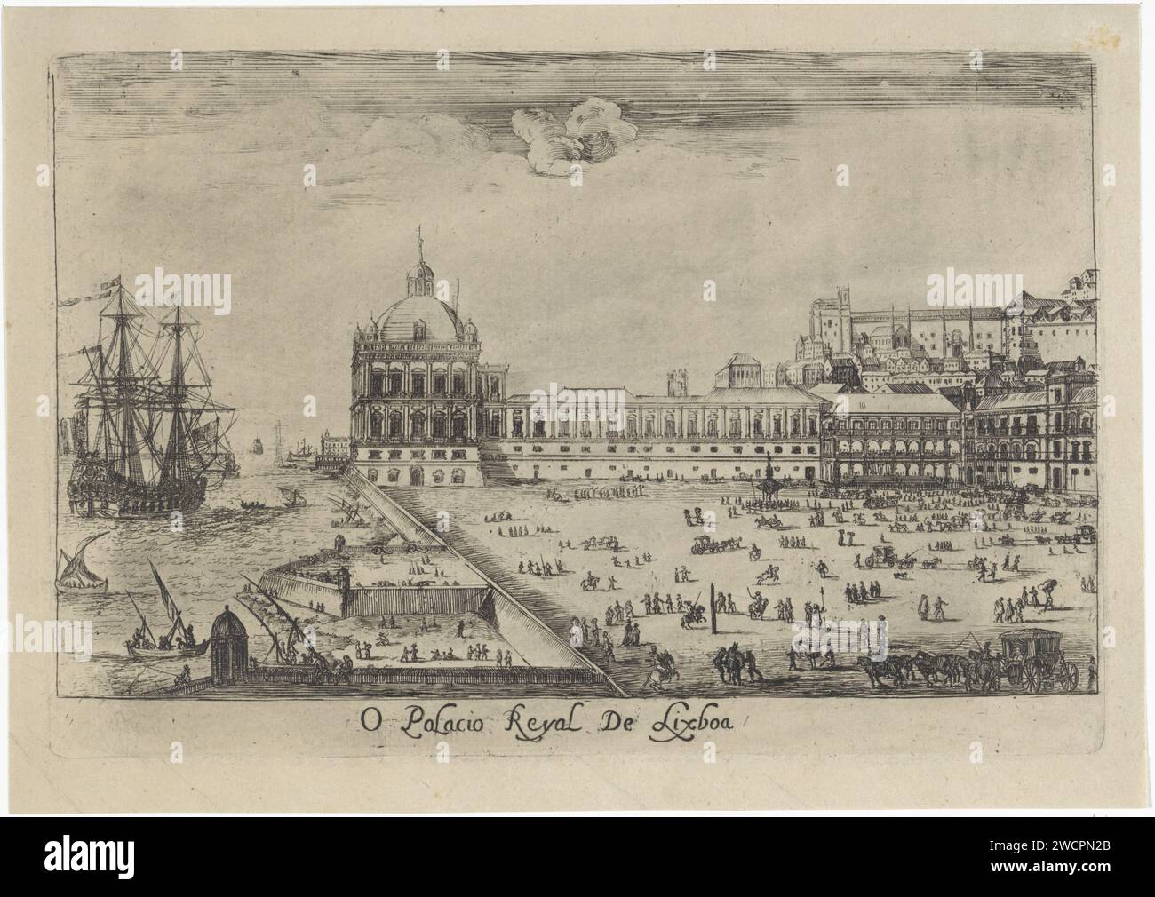 Vue du Palais Royal de Lisbonne, Dirk Stoop, 1662 imprimer le Palais Royal de Lisbonne situé sur une grande place et sur la rivière Taag. Giguren et les chariots sur la place. Un grand voilier sur l'eau. Palais de gravure sur papier de Lisbonne. vue sur la ville en général ; 'veduta'. voilier, voilier Lisbonne Banque D'Images