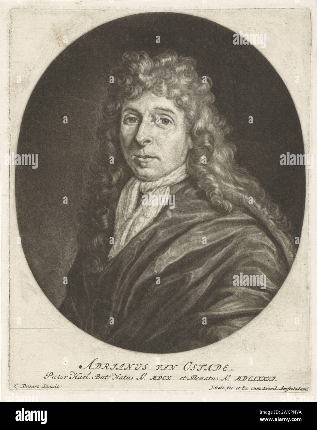 Portrait d'Adriaen van Ostade, Jacob Gole, d'après Cornelis Dusart, 1685 estampe du peintre Adriaen van Ostade. Il porte un col en dentelle. Gravure sur papier Amsterdam Banque D'Images