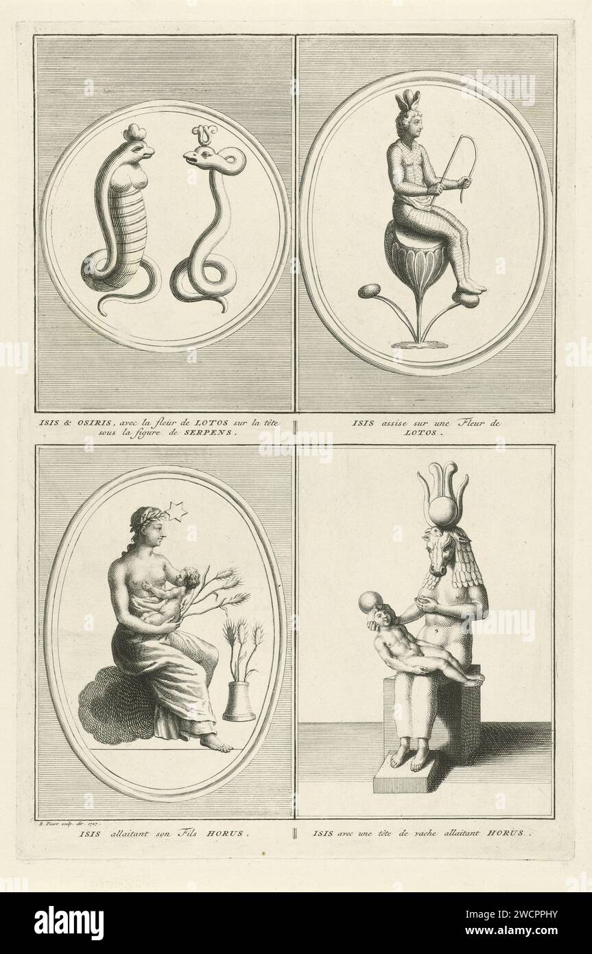 Différentes formes de dieux égyptiens, Bernard Picart (atelier de), 1727 impression feuille avec quatre représentations de dieux égyptiens. Ci-dessus : ISIS et Osiris sous forme de serpents et ISIS sur une fleur de lotus. Ci-dessous : ISIS suce Horus et encore Isis qui suce Horus mais maintenant elle a la tête d'une vache. Parmi les performances une légende en français. Amsterdam papier gravure / gravure Horus, fils d'Osiris et Isis. Osiris, dieu des enfers. ISIS, la déesse-mère Banque D'Images