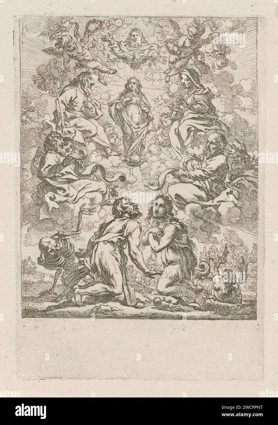 Adam et Eva Kneelen pour Maria, Cornelis Schut (I), 1618 - 1655 print Adam, avec la mort à côté de lui, et Ève, avec derrière elle le serpent ailé, agenouillé devant Marie dans les nuages. Marie est entourée de la communauté des saints et de putti. Au sommet de Dieu le Père qui bénisse ses mains et le Saint-Esprit. Papier gravure Adam et Ève (pas dans le contexte biblique) - dévotions personnelles de personnes masculines de l'ancien Testament, par exemple vision, prière, pénitence. Madonna accompagnée de saint(s). Dieu le Père Banque D'Images