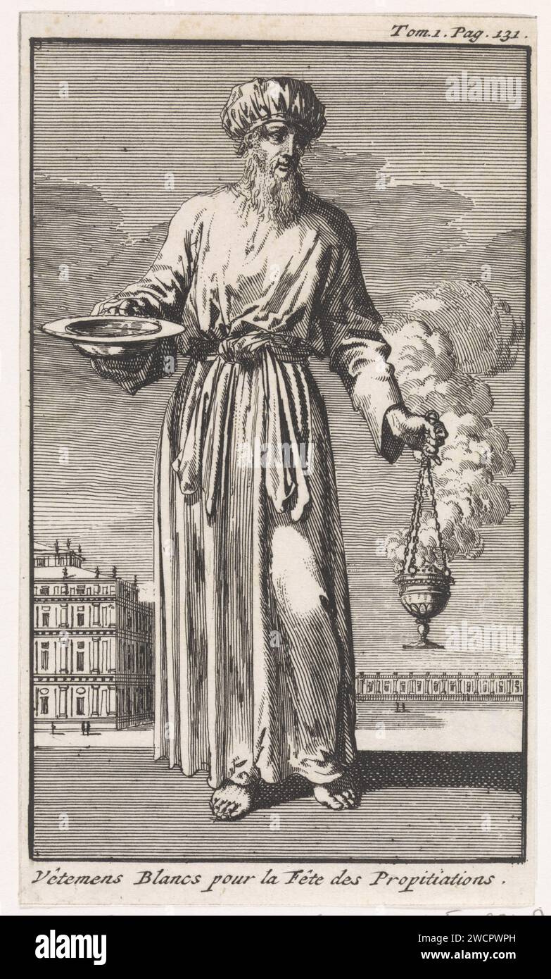 Grand prêtre en vêtements liturgiques blancs appartenant au Grand jour des Expiations, Jan Luyken, 1705 print Amsterdam paper gravure grand prêtre  hiérarchie des prêtres. 'Yom Kippour', jour des Expiations Banque D'Images