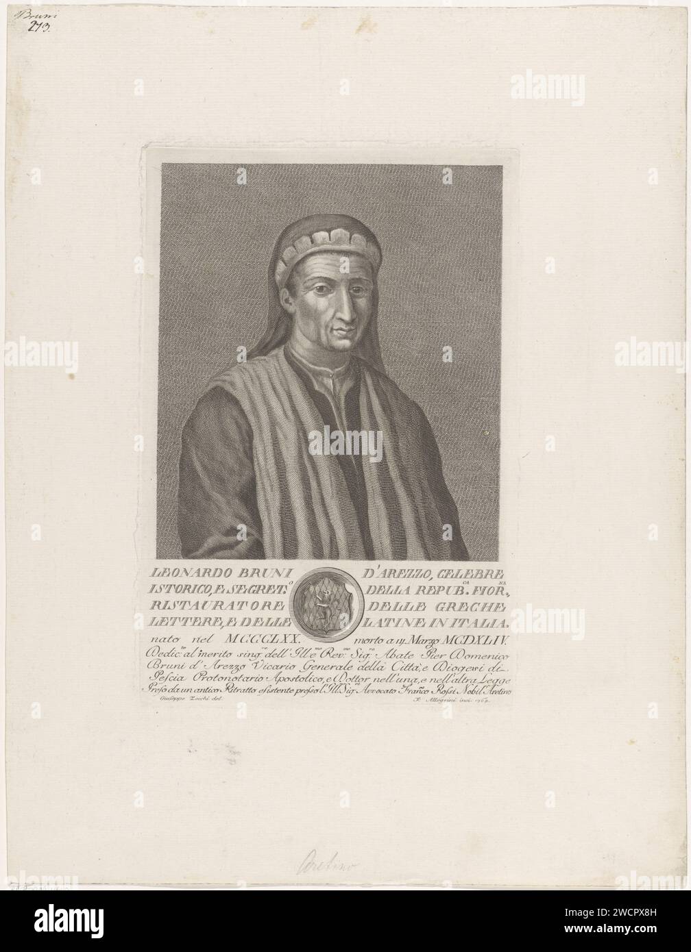 Portret Van Leonardo Bruni, Francesco Allegrini, d'après Giuseppe Zocchi, 1764 tirage Portrait de l'humaniste et historien Leonardo Bruni à Halven Lijve. Sous le portrait un texte en italien et un blason dans un cadre circulaire. Italie gravure sur papier personnes historiques Banque D'Images