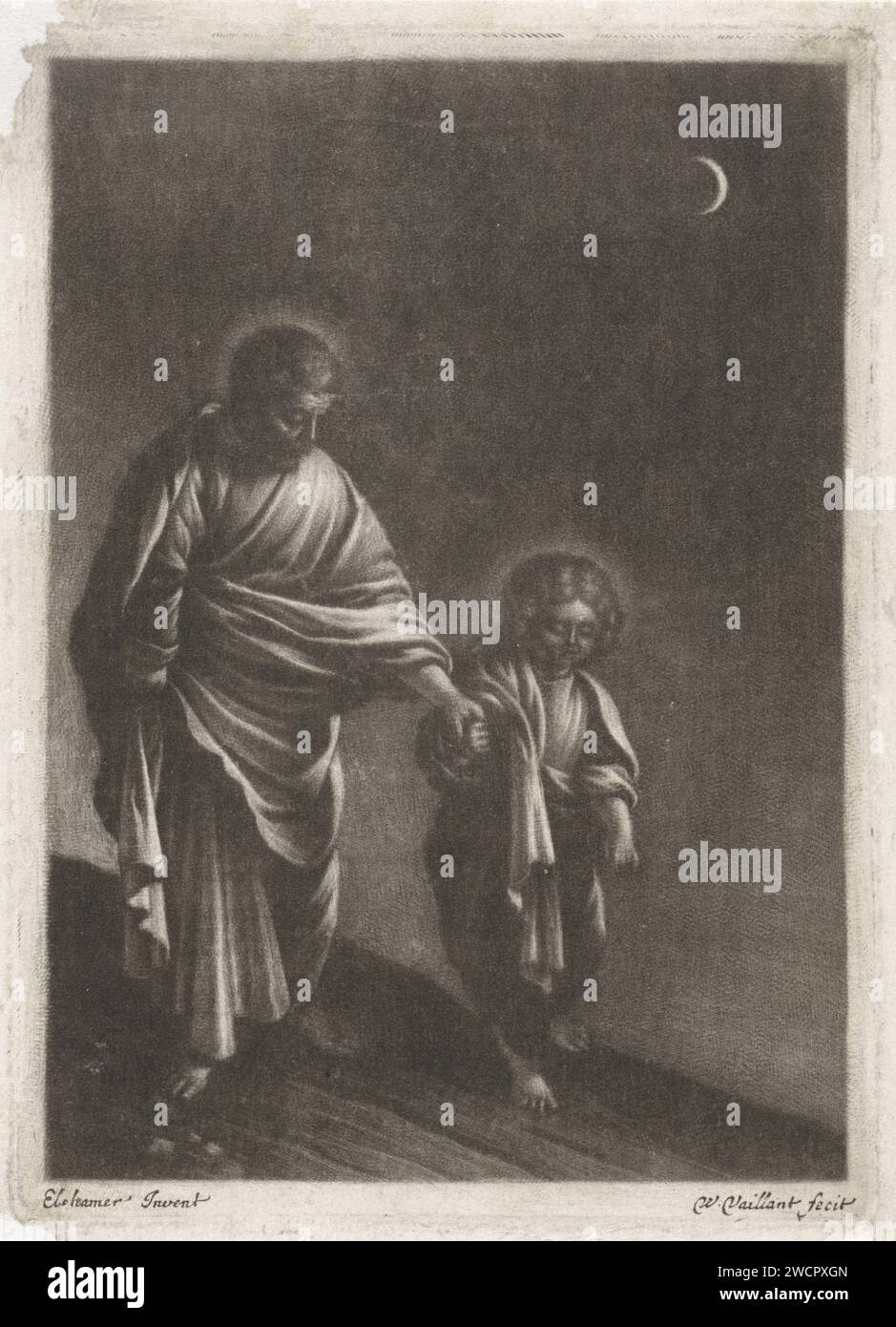 Saint Joseph avec le Christkind, Wallerant Vaillant, d'après Adam Elsheimer, 1658 - 1677 imprimer Joseph et le Christkind marchent sur une route au clair de lune. clair de lune en papier. Joseph et le Christ-enfant ~ la vie quotidienne à Nazareth Banque D'Images