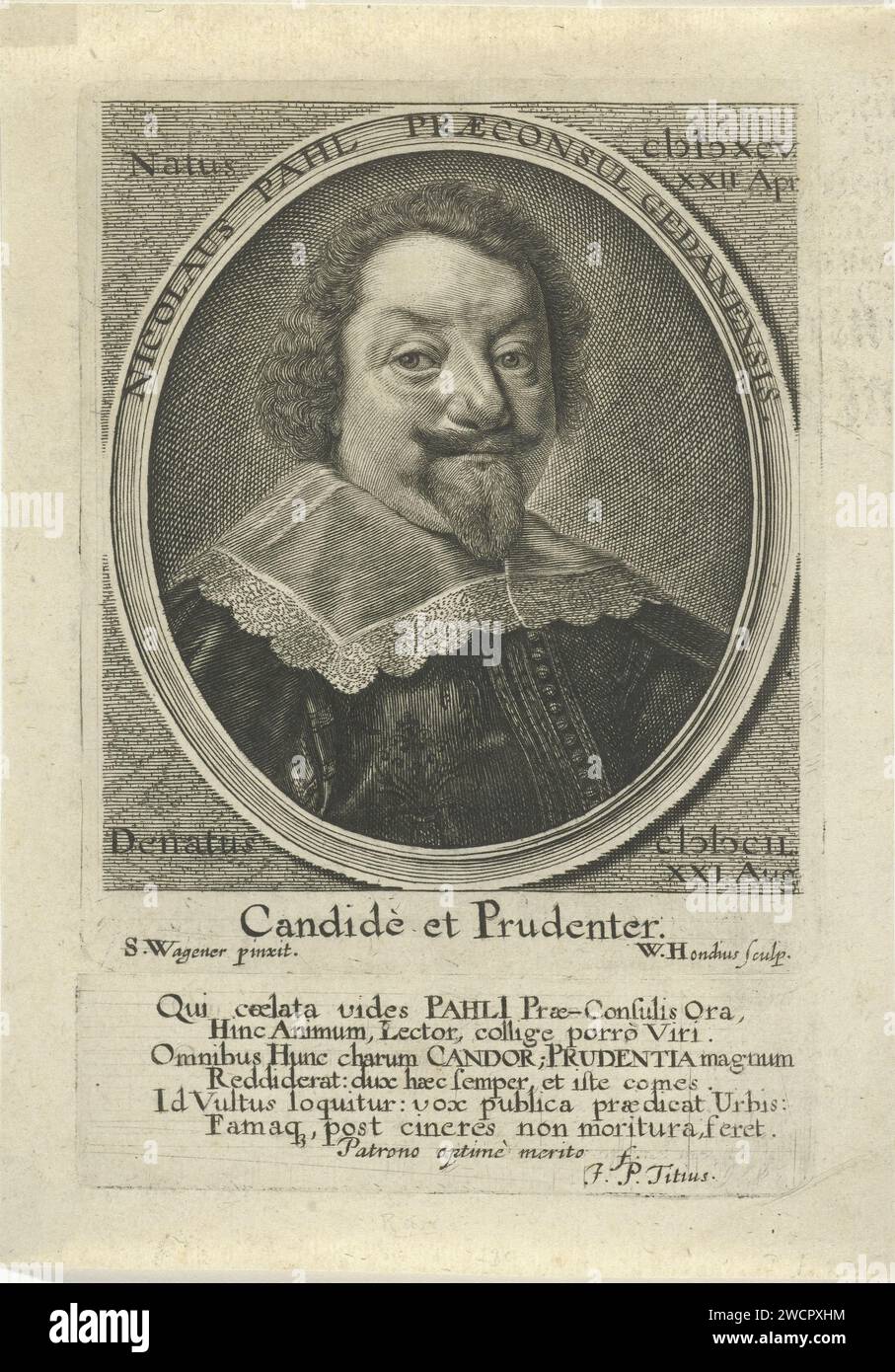 Portrait de Nicolas Pahl, Willem Hondius, d'après Salomon Wegner, en ou après 1650 buste imprimé à droite de Nicolas Pahl dans un cadre ovale avec une bordure en latin. Sous le portrait une deuxième édition avec un texte de six lignes de l'écrivain Johann Petrus Titius. Pologne gravure sur papier / gravure Banque D'Images