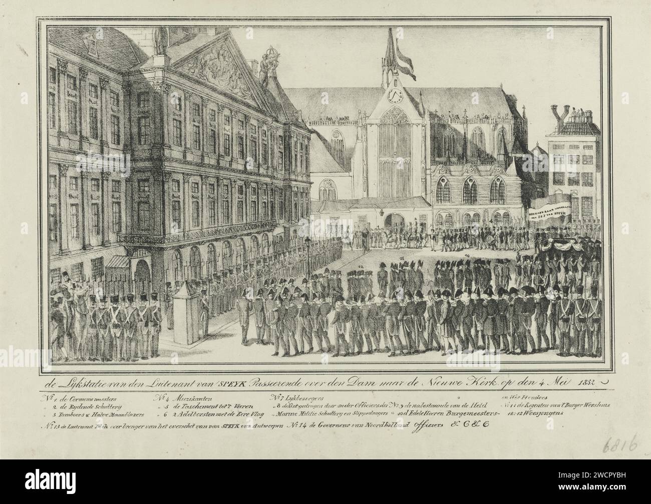 Funérailles de Jan van Speijk, 1832, Anonyme, 1832 imprimer la procession funéraire de Jan van Speijk arrive sur la place du Dam et au Nieuwe Kerk à Amsterdam, le 4 mai 1832. Dans la légende de Legenda 1-12. Imprimeur : Netherlandspublisher : Amsterdam cortège papier, procession funéraire Nouvelle église. Barrage Banque D'Images