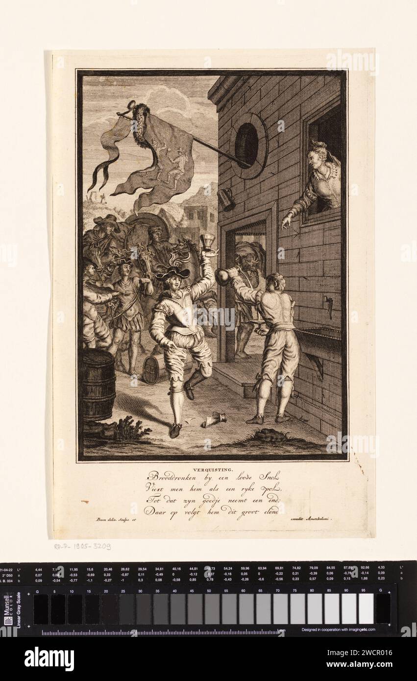 Le fils perdu danse et boit, Gerrit de Broen (i), c. 1684 - c. 1740 imprimer le fils perdu danse exubérement pour un pub dans une ville. Il tient un verre dans ses mains et toast une jeune femme qui regarde par la fenêtre du pub. Il se comporte comme un homme riche, mais son héritage est presque terminé. Sous le spectacle un verset hollandais sur l'histoire. Amsterdam gravure sur papier / gravure de la parabole du fils prodigue (Luc 15:11-32) Banque D'Images
