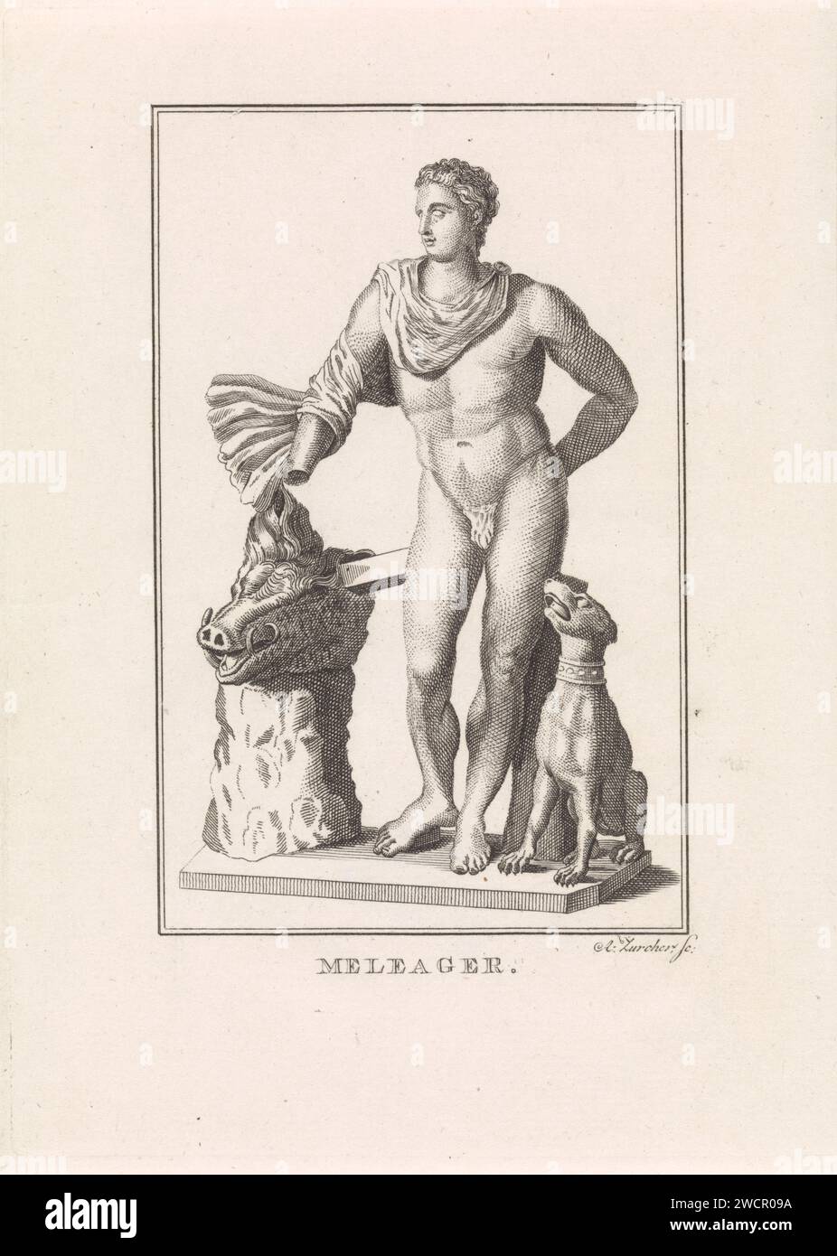 Melager avec la tête du Zwijn Caledonic, Antoni Zürcher, 1765 - 1837 print Melager debout à côté de la tête du Zwijn Caledonian qu'il surmonte. Un chien de chasse à côté de lui. À une sculpture classique. Gravure papier pays-Bas (histoire de) Meleager - attributs. pièce de sculpture, reproduction d'une pièce de sculpture Banque D'Images