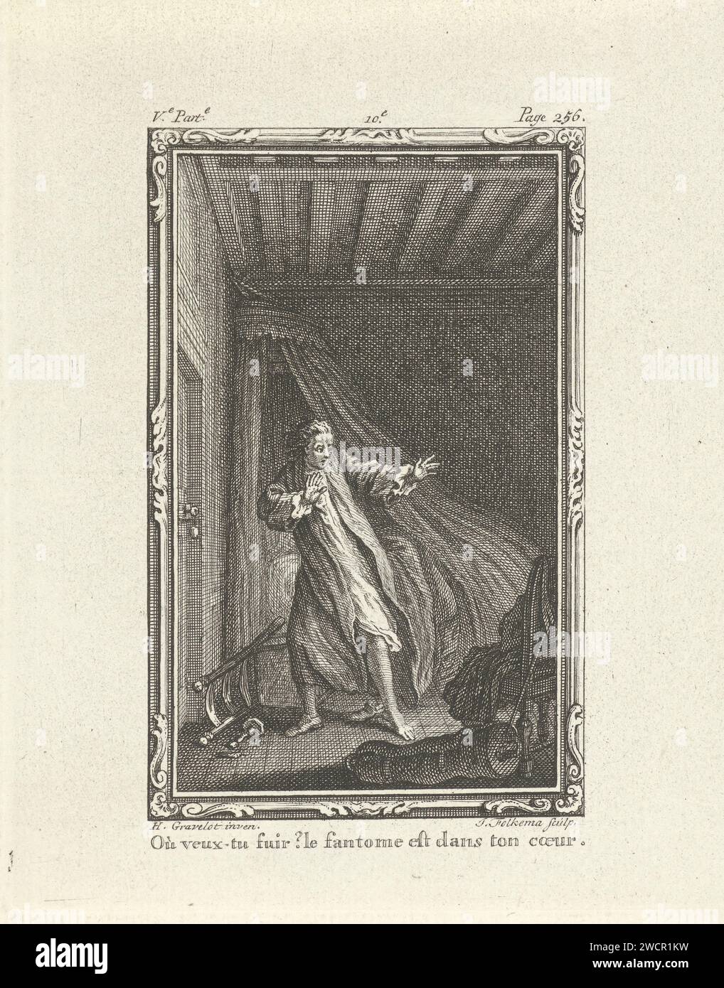 Homme choqué dans une chambre, Jacob Folkema, après Hubert François Gravelot, 1761 imprimer Un homme est en tenue de nuit près de son lit. Il regarde autour de lui les mains levées. Sur la gauche à côté de lui se trouve une chaise tombée et une bougie. Sous la performance se trouve une légende d'une ligne en français. Imprimer à gauche et en haut à droite marqués : Ve. Partie - page 256. chambre à coucher avec gravure de papier Banque D'Images