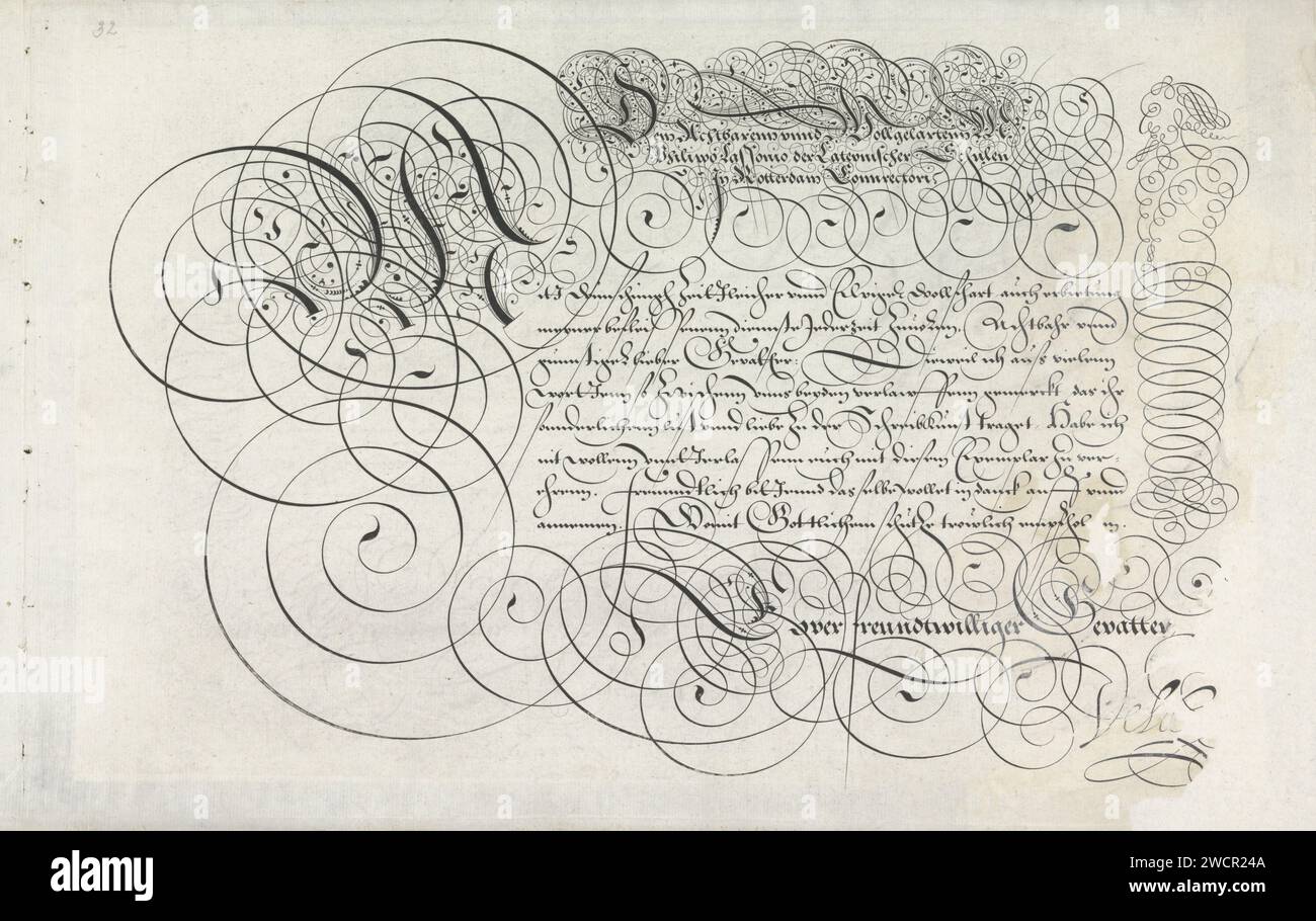 Exemple d'écriture : Den Achtbarem Unnd Volgelartem (...), 1605 imprimer exemple d'écriture avec la salutation : Den Achtbarem UndD Volgelartem MR Philippo Lassonio der Lateynischer Schulen in Rotterdam Connrectori. En dessous de cela une initiale ornementée M (?) Et huit lignes de texte en allemand. Signé : Euuer Freundtwiller Getatter, Velde. Le texte est encadré par curl. Sur le côté droit, une colonne herme ou bordure en boucle. L'impression fait partie d'un album. Imprimeur : Haarlemafter design by : RotterdamRotterdam gravure sur papier calligraphie Banque D'Images