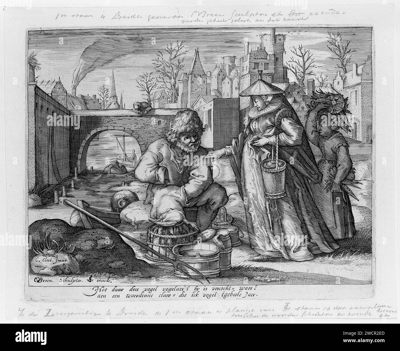 Acheteur d'oiseaux, Gillis van Breen, d'après Nicolaes Jansz. Horloge, c. 1595 - c. 1610 imprimer Une femme, avec un panier d'œufs sur son bras, vient avec sa servante d'un vendeur d'oiseaux. La femme de ménage porte des légumes sous son bras sur sa tête. Pour le vendeur d'oiseaux, il y a un panier avec un coq sur le sol, il y a un canard mort. La femme veut acheter les oiseaux, mais ils ont déjà été vendus à «un client régulier». Ceci est évident à la légende qui forme une consultation entre dame et marchand: "Comment fait Dees Vogel Vogel Vogel? HY Expand c'est waer ? Un et un waerdinne clair 'die ick Bird tgeheele jaer.' L'ambig Banque D'Images