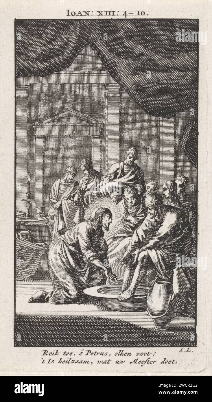 Footswassing of Petrus, Jan Luyken, 1712 print Amsterdam papier gravure Christ lave les pieds de Pierre Banque D'Images