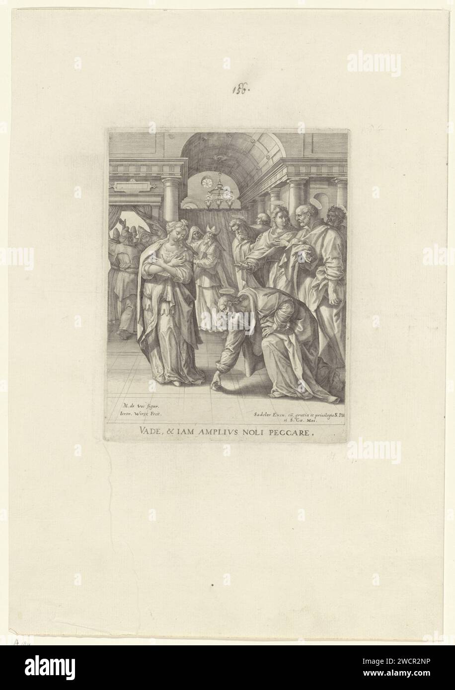 Christ et la femme adultère, Hieronymus Wierix, après Maerten de vos, 1573 - 1619 print dans le temple de Jérusalem, les Pharisiens apportent une femme prise pour adultère à Christ. Il doit la juger. Christ écrit avec son doigt sur le sol et dit: "Quiconque est sans péché, jetant la première pierre". Anvers gravure sur papier Pharisiens amènent une femme accusée d'adultère devant Christ (Jean 8:2-11) Banque D'Images