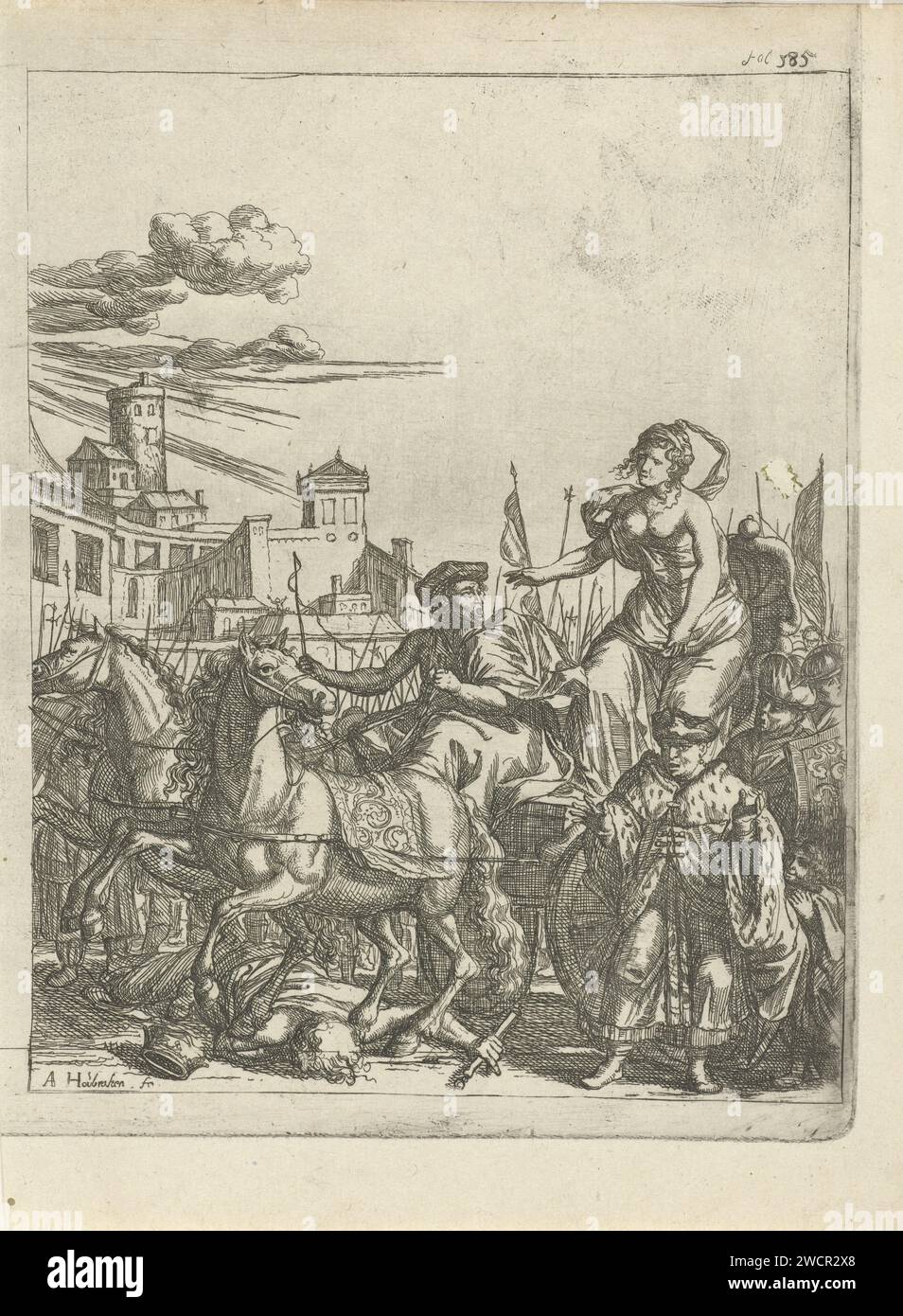 Avec sa voiture, Tullia surplombe le cadavre de son père, Arnold Houbraken, imprimé 1699 Tullia, tiré dans une voiture par deux chevaux, le cadavre de son père Servius Tullius Overrays. Elle commet ce crime irrévérencieux parce qu'elle est impliquée dans la conspiration contre lui pour obtenir sa noix d'aigle sur le trône. En haut à droite : FOL 585. Tirage utilisé dans le livre : Toneel der accidents de Lambert van den Bos avec un total de vingt tirages d'Arnold Houbraken. Editeur : Dordrechtpublisher : Rotterdam paper graving Banque D'Images