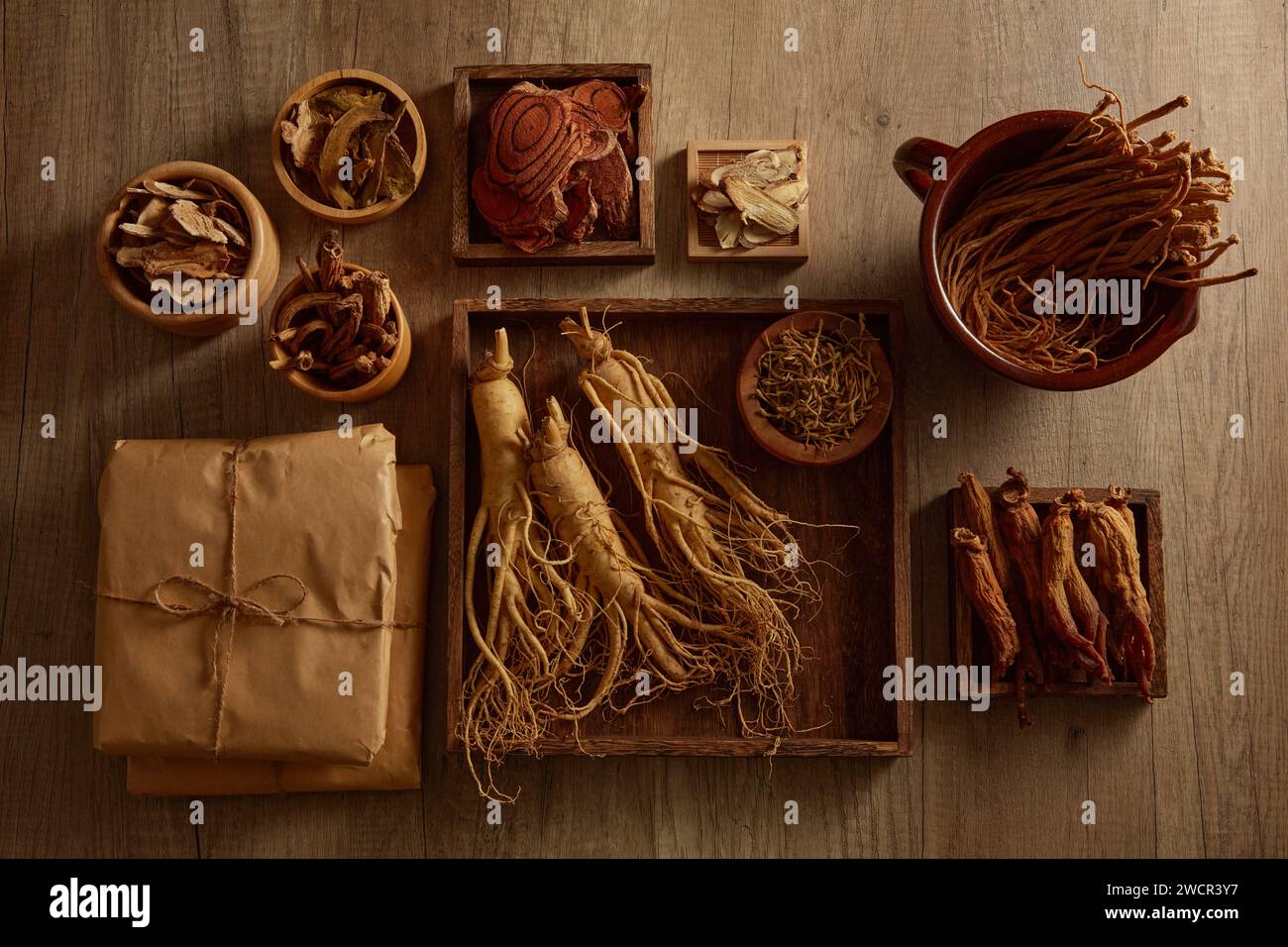 De nombreux types de médecine traditionnelle chinoise sont disposés à l'intérieur de plateaux en bois et de bols sur la table. Pour la publicité de médecine, la photographie traditi Banque D'Images