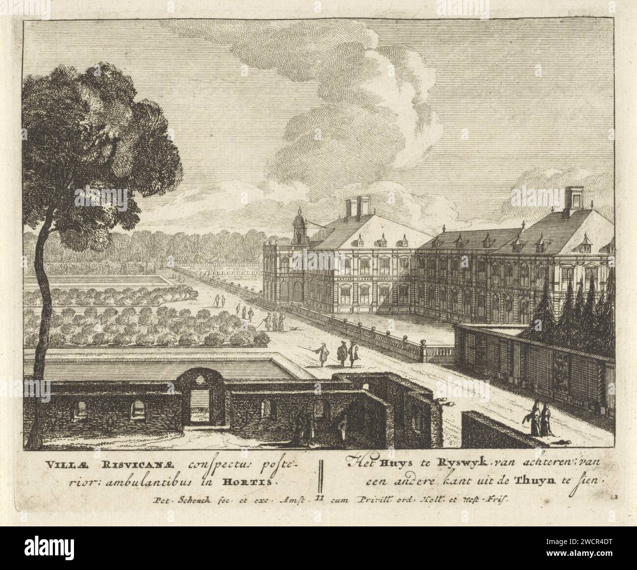 Dos de huis ter Nieuburch à Rijswijk avec les randonneurs, Pieter Schenk (I), 1697 print vue en diagonale sur le dos de huis ter Nieuburch à Rijswijk. Amsterdam papier gravure Maison Ter Nieuburch Banque D'Images