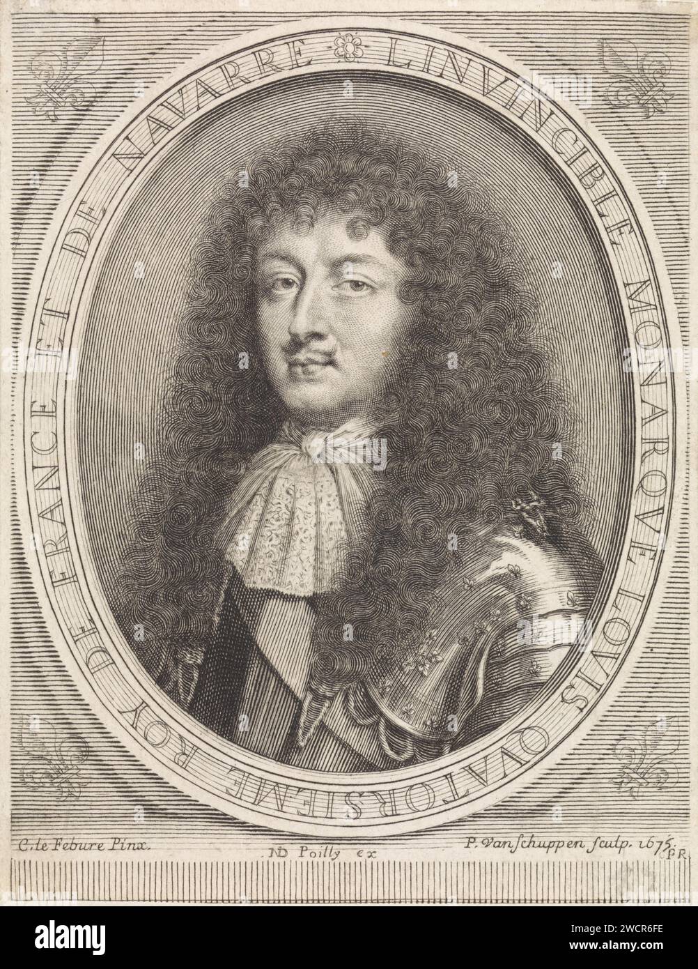 Portrait de Louis XIV, roi de France, avec encolure en dentelle nouée, Pieter van Schuppen, d'après Claude Lefèbvre, 1675 estampe Paris gravure sur papier / gravure Banque D'Images
