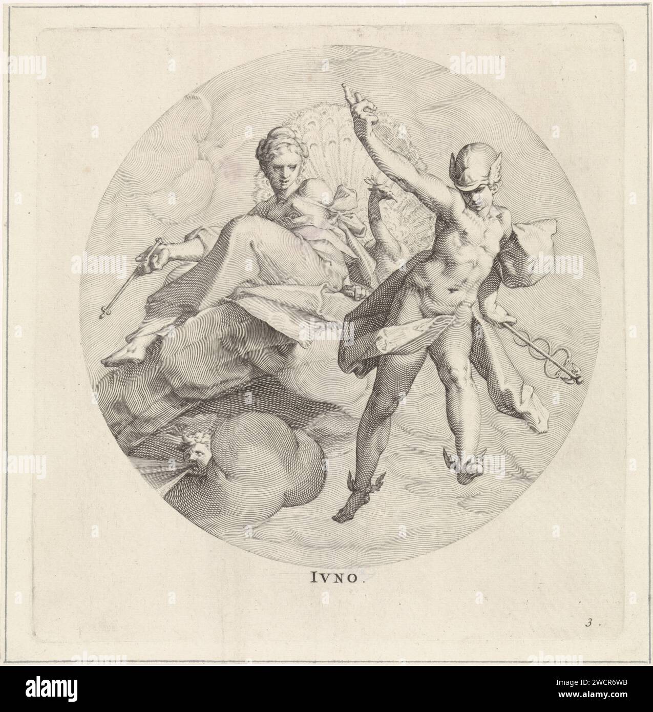Juno, Egbert van Panderen, d'après Bartholomeus Spranger, c. 1590 - 1637 print Juno avec un sceptre à la main, assis sur un nuage. Derrière elle se trouve son attribut de Pauw. Elle regarde Mercure. Le spectacle est pris dans un cadre rond. Troisième tirage d'une série de trois avec des déesses. Gravure sur papier Anvers (histoire de) Juno (Hera). (Histoire de) Mercure (Hermès) Banque D'Images
