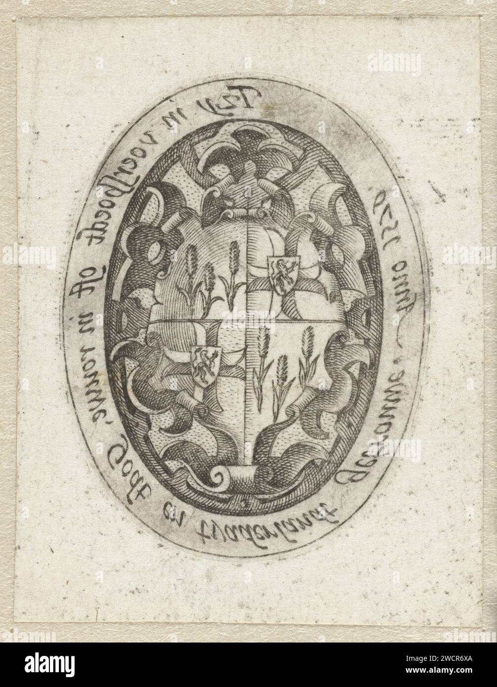 Arme avec Lions et Korenaren, Hendrick Goltzius, 1579 estampes Crest de famille (deux fois une croix avec un lion, deux fois trois coins du maïs) à Ovaal. Autour de l'ovale une inscription en néerlandais en image miroir. Dans TIB identifié comme l'arme de Gillis van Breen, probablement principalement basé sur le portrait sur le revers du médaillon. Cependant, l'identification de la personne représentée avec Van Breen ne peut être soutenue. Haarlem gravure sur papier portant armorial, héraldique Banque D'Images