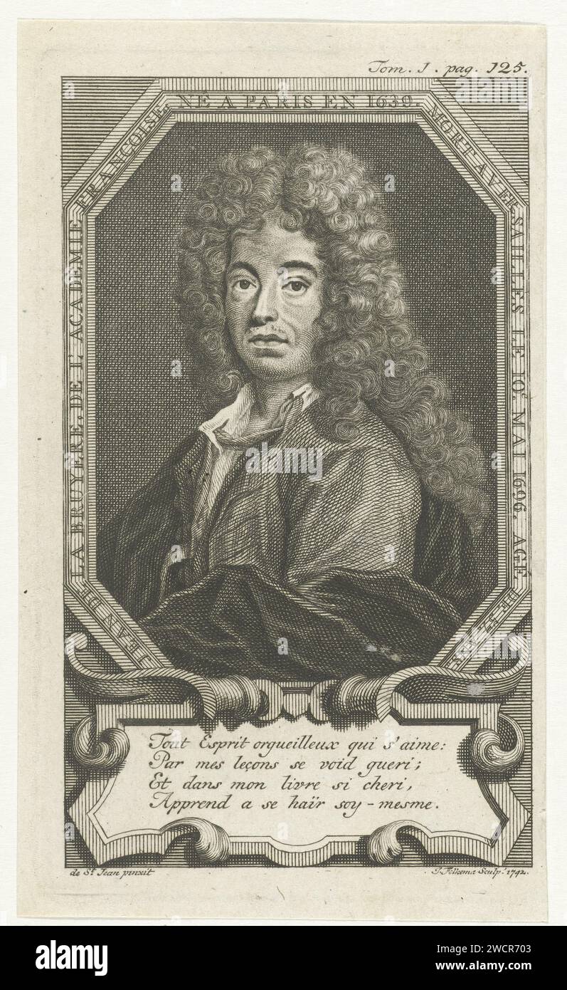 Portret van Jean de la Bruyère, Jacob Folkema, d'après Jean de Saint-Jean, tirage 1742 Portrait buste en Achthoek à gauche de l'écrivain français Jean de la Bruyère, pieds nus. Autour du portrait se trouve un script de bordure, dans un cartouche sous un texte de quatre lignes en français. Imprimer en haut à droite marqué : Tom. I. p. 125. gravure sur papier / gravure Banque D'Images