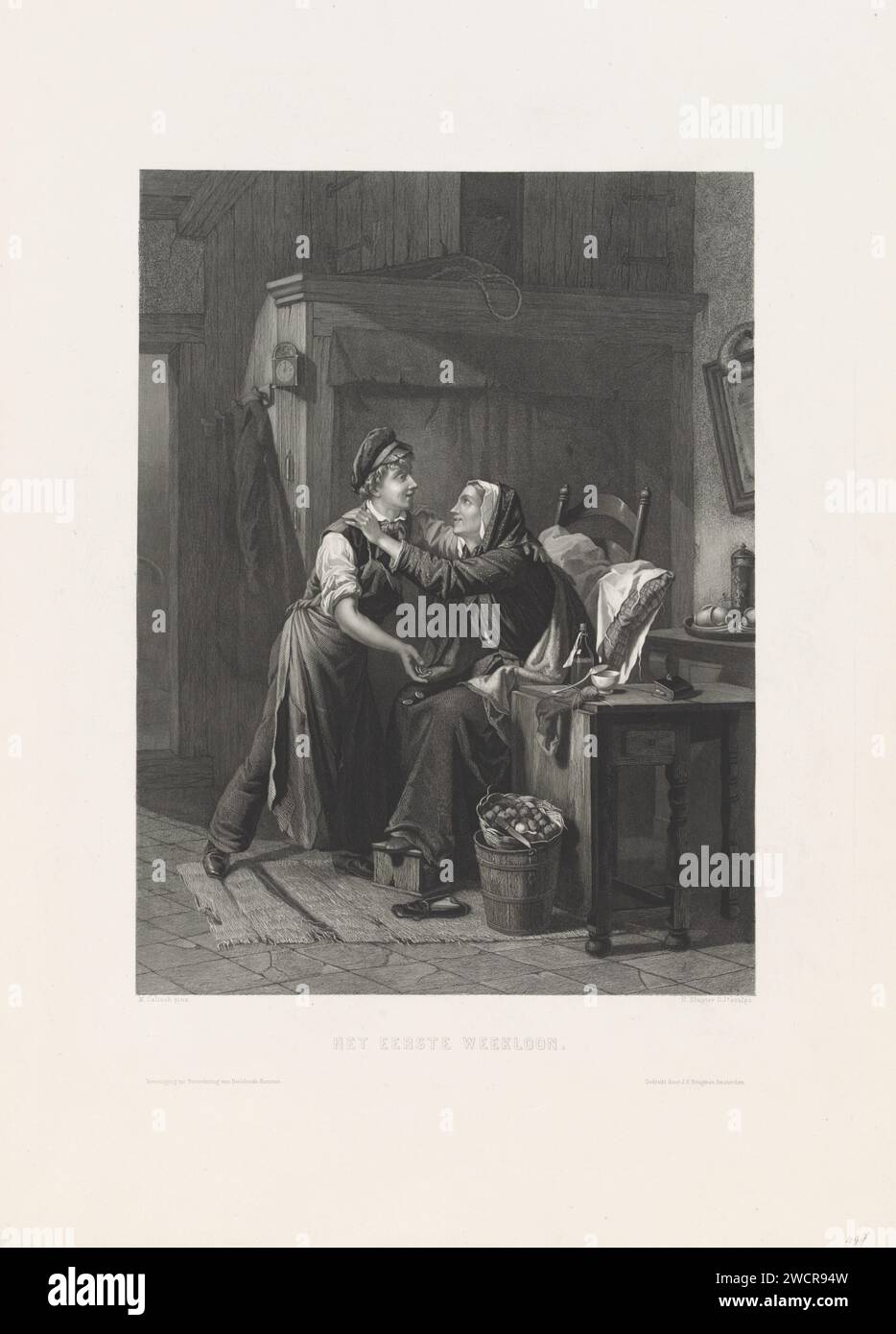 Un jeune homme montre une main pleine de pièces à une femme assise, Hendrik D. Jzn Sluyter, d'après Moritz Calisch, 1865 - 1879 estampe dans un intérieur paysan, une femme âgée est assise dans une chaise, avec un oreiller dans le dos et son pied sur un ragoût. Elle embrasse un jeune homme qui tient quelques pièces dans sa main et qui tombe sur ses genoux. Amsterdam gravure de papier / gravure de pièce. intérieur de la maison. poêle à pied. jeunesse, adolescent. Bras tendu vers l'avant - AA - les deux bras ou les mains. vieille femme Banque D'Images