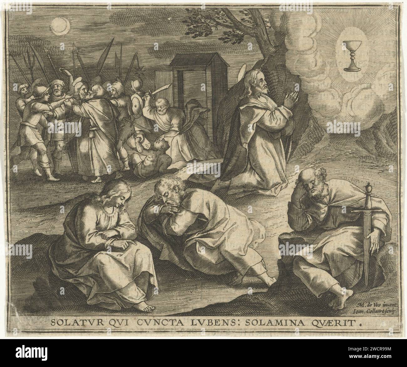 Christ dans le Hof van Getsemane, Jan Collaert (II), d'après Maerten de vos, 1597 imprimer Christ prie Dieu dans la cour de Getsemane. Dans une vision, il voit une fausse couche comme un symbole pour son prochain sacrifice de soi. Ses trois élèves ne peuvent rester éveillés et dormir à côté de lui. Christ est arrêté en arrière-plan. L'impression a une légende latine. Papier anversois gravant la prière du Christ dans le jardin de Gethsémani pendant la nuit. Le baiser de Judas : accompagné de soldats avec des torches et des lanternes, il embrasse Christ Banque D'Images