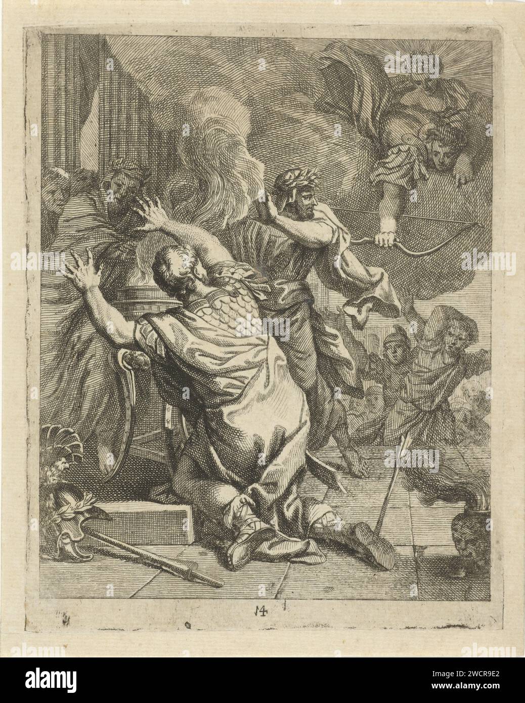 Mort d'Achille, J. Alexander Janssens, d'après Victor Honoré Janssens, v. 1700 estampe Achille est frappé par une flèche dans son seul point faible, son talon, alors qu'il fait un sacrifice à un autel. Divers passants autour de l'autel. En haut à droite, Apollon mène la flèche de Paris au bon endroit. Au milieu : 14. Quatorzième tirage d'une série de quatorze avec des scènes de la vie d'Achille. Sud des pays-Bas gravure sur papier / gravure la mort d'Achille Banque D'Images