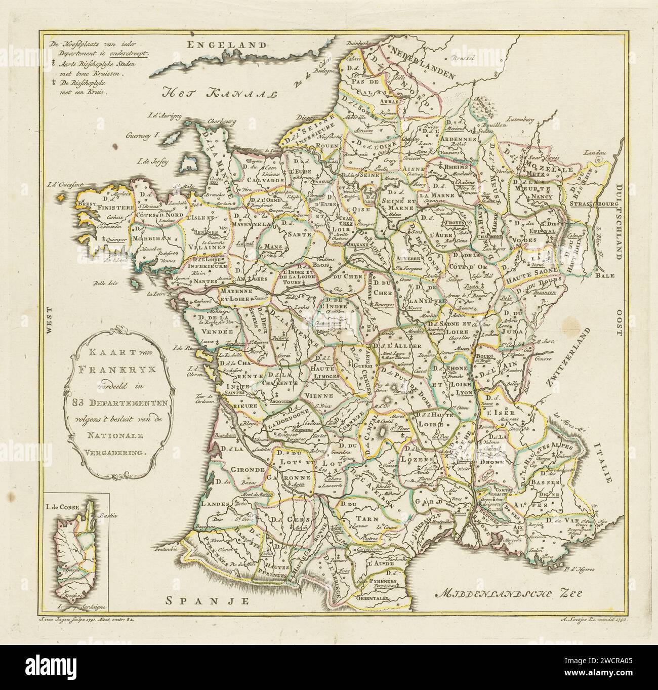 Carte de France, Jan van Jagen, 1792 imprimer carte de France et de Corse où les départements individuels sont encadrés avec de l'encre jaune, verte, rose et bleue. Cartes de gravure / gravure sur papier Amsterdam de pays ou de régions distincts Banque D'Images
