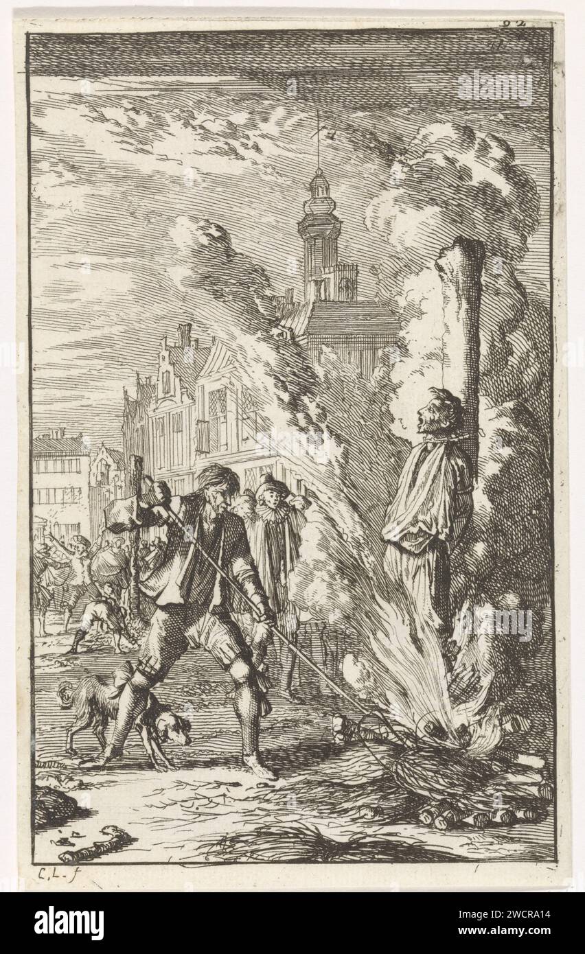 Combustion d'un hérétique à Mantes-la-Jolie, Caspar Luyken, 1700 estampe sur la place du marché de Mantes-la-Jolie, l'hérétique et adorateur du diable Noël Fere est brûlé sur le bûcher. Un bourreau alimente le feu avec une fourche. Hérésie de gravure du papier ; 'HERESIA' (Ripa). exécution de sorcière, sorcier. Mort violente par brûlage sur le bûcher ; bûcher Mantes la Jolie Banque D'Images