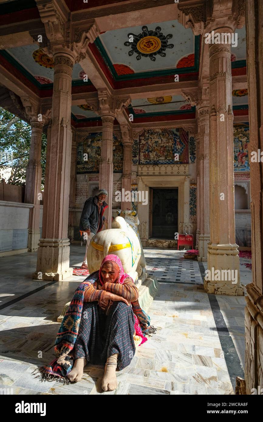 Pushkar, Inde - 4 janvier 2024 : un couple de personnes âgées dans un petit temple hindou dans la vieille ville de Pushkar, en Inde. Banque D'Images