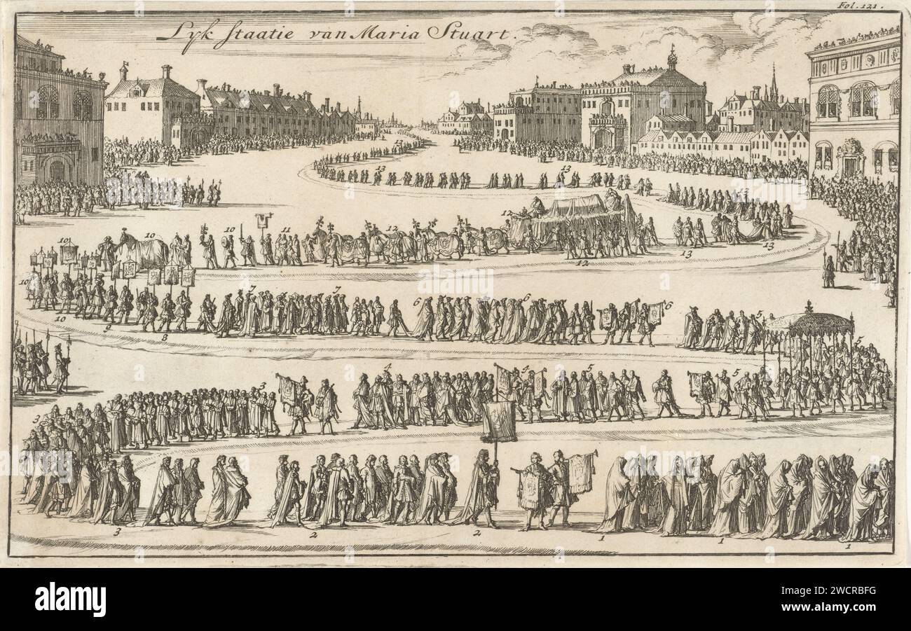 Cadavre de la reine Maria II Stuart, 1695, Jan Luyken, 1695 estampe petite représentation du cadavre de la défunte reine Maria Stuart, tenue à Londres le 5 mars 1695. Des parties de la procession sont numérotées, mais la légende manque. En haut à droite marqué : fol. 121. Amsterdam papier gravure cortège, procession funéraire Londres Banque D'Images