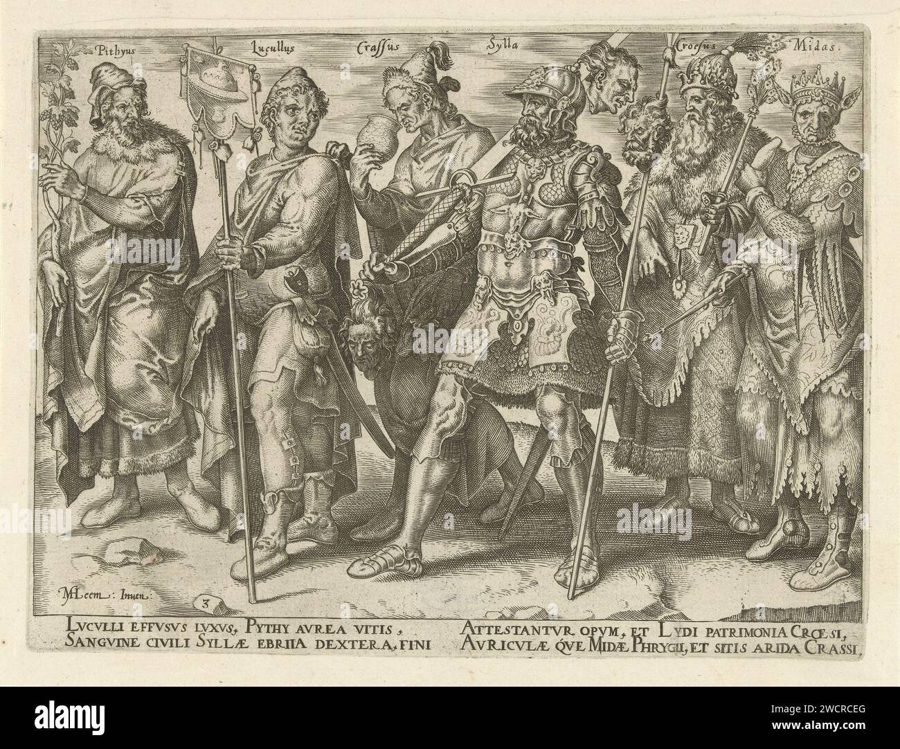 Rijkaards célèbres et notoires, Philips Galle, d'après Maarten van Heemskerck, 1563 imprimer Un défilé d'exemples célèbres de riches anciens. Au front dans la procession de Pythius, avec une vigne faite d'or et de vin précieux dans sa main. Puis Lucullus, le riche magistrat romain et glouton. Il porte une bannière avec une tarte au poulet. Derrière lui Crassus, qui boit dans une tasse. C'est une allusion à sa soif d'argent et à sa mort (cousue en or fondu). Après Crassus, le dictateur Sulla avec une épée et une lance, Croesus comme roi richement vêtu et Midas avec des midasors viennent sous sa couronne. L'impression Banque D'Images