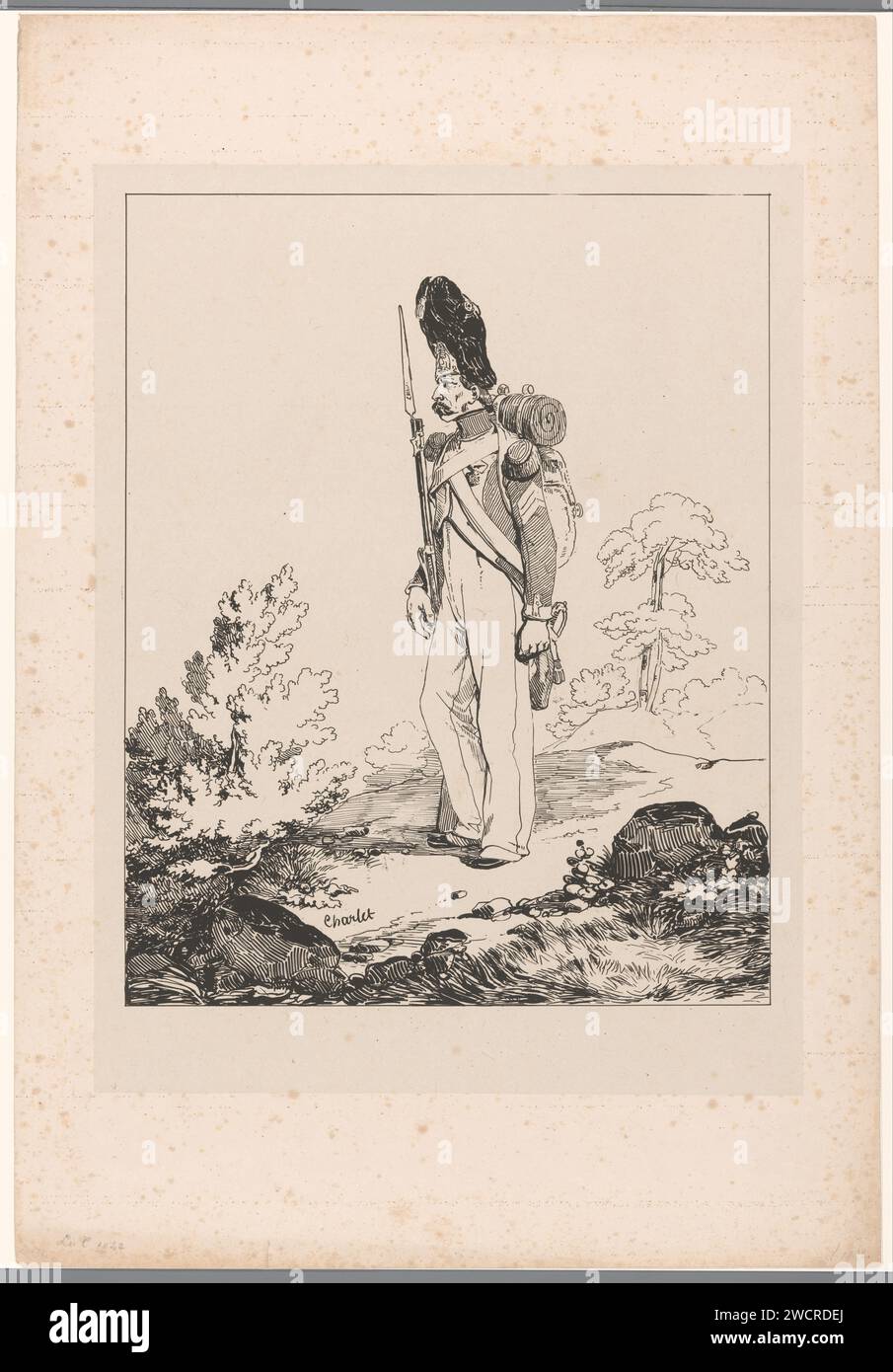 Grenadier de la Garde Impériale dans un paysage, Nicolas Toussaint Charlet, papier Paris imprimé en 1839. soldat Banque D'Images