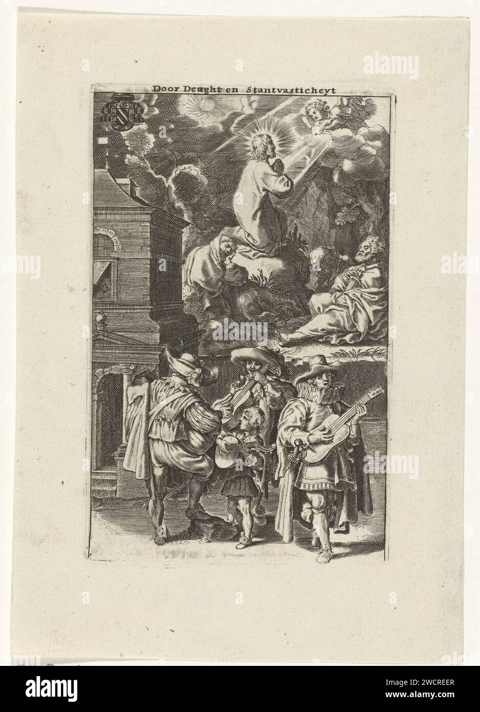 Christ dans la Cour de Getsémani et Musicing courts, Pieter de Jode (I), après Nicolaas van der Horst, 1630 print comme exemple de vertu et de fermeté, Christ est représenté, priant dans le Hof de Getsémani. Peter, John et Jakobus dorment autour de lui. Un ange avec un calice apparaît du ciel. Au premier plan, quatre courtises de musiciens, pour qui cet exemple est destiné. En haut à gauche un blason d'un canon. L'impression a un top en néerlandais. Impression d'une édition de livre dans laquelle une scène de la vie du Christ est toujours confrontée à une situation mondaine. Anvers gravure sur papier / gravure du Christ Banque D'Images