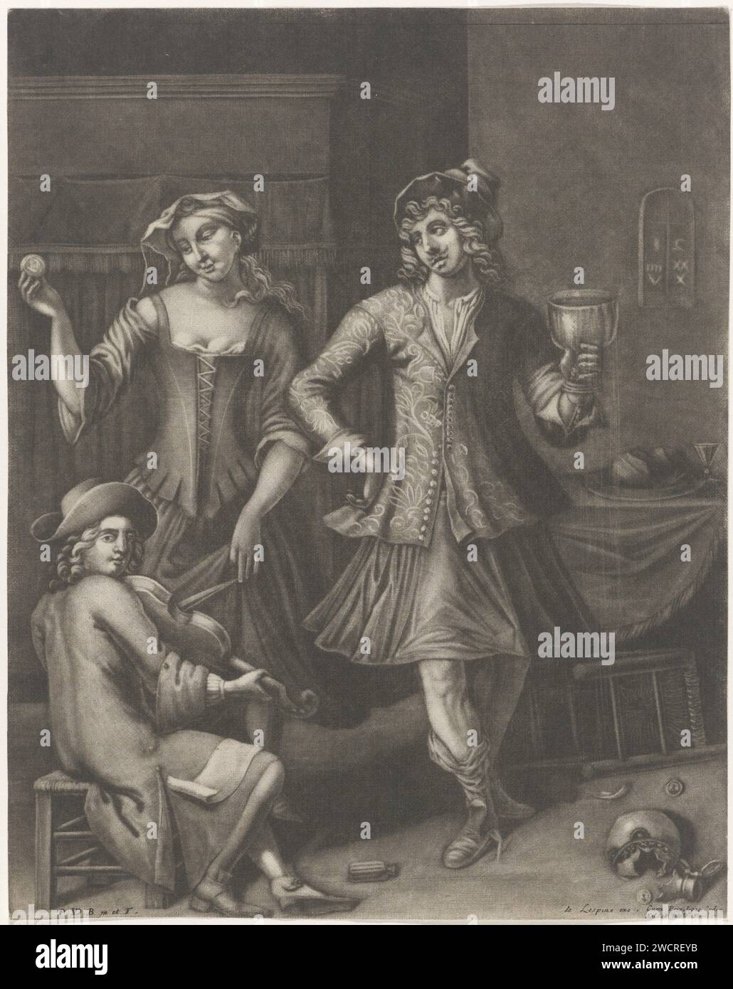 Couple dansant et un violoniste, Pieter van den Berge, 1692 - 1737 imprimer Innoring intérieur avec un couple dansant et un violoniste. L'homme dansant tient un grand verre de vin dans sa main et la femme qui se balançait a une pièce de monnaie entre ses doigts. Il y a une boîte cassée et une chaise tombée sur le sol. Amsterdam gravure sur papier une personne jouant d'un instrument à cordes (courbé). violon, violon. une paire dansant ; homme et femme dansant en couple. bordel Banque D'Images