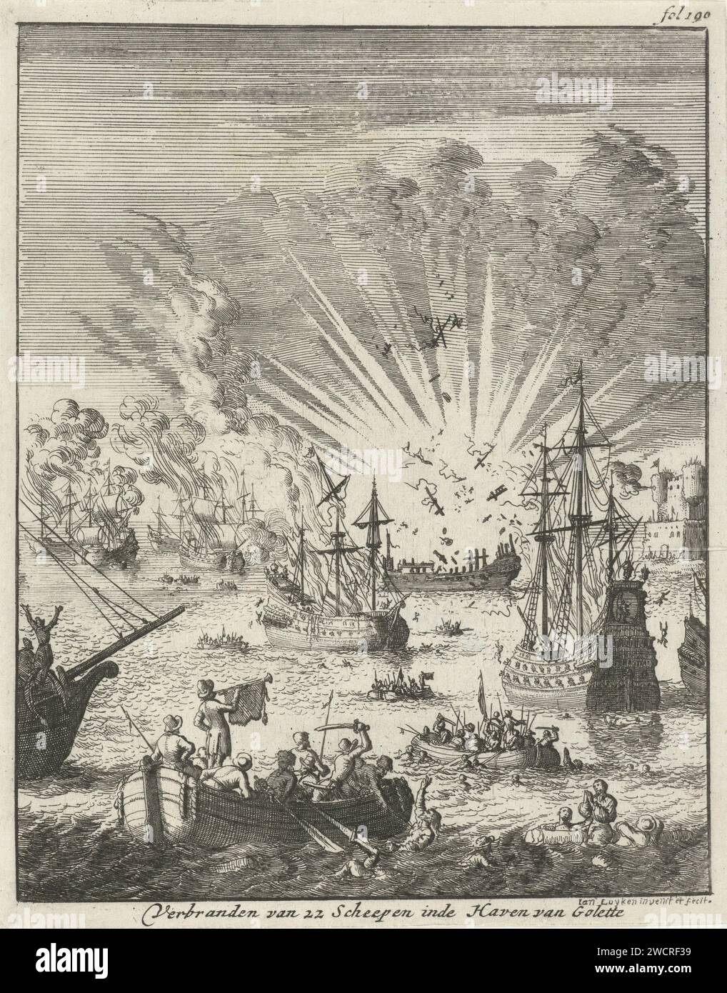 Incendie de 22 navires de Tunis dans le port de la Goulette, 1609, Jan Luyken, 1684 imprimer Un escadron de navires français et espagnols enfonce 22 navires de Hijders de Tunis, qui sont dans le port de la Goulette, en feu, 1609. Un Beaulieu est décrit dans le texte d'accompagnement comme le chef des Français et Jan Faicharde (Juan Fajardo?) Des Espagnols. Numéroté en haut à droite : fol. 190. Amsterdam paper gravure / bataille de gravure (+ voiliers) la Goulette Banque D'Images