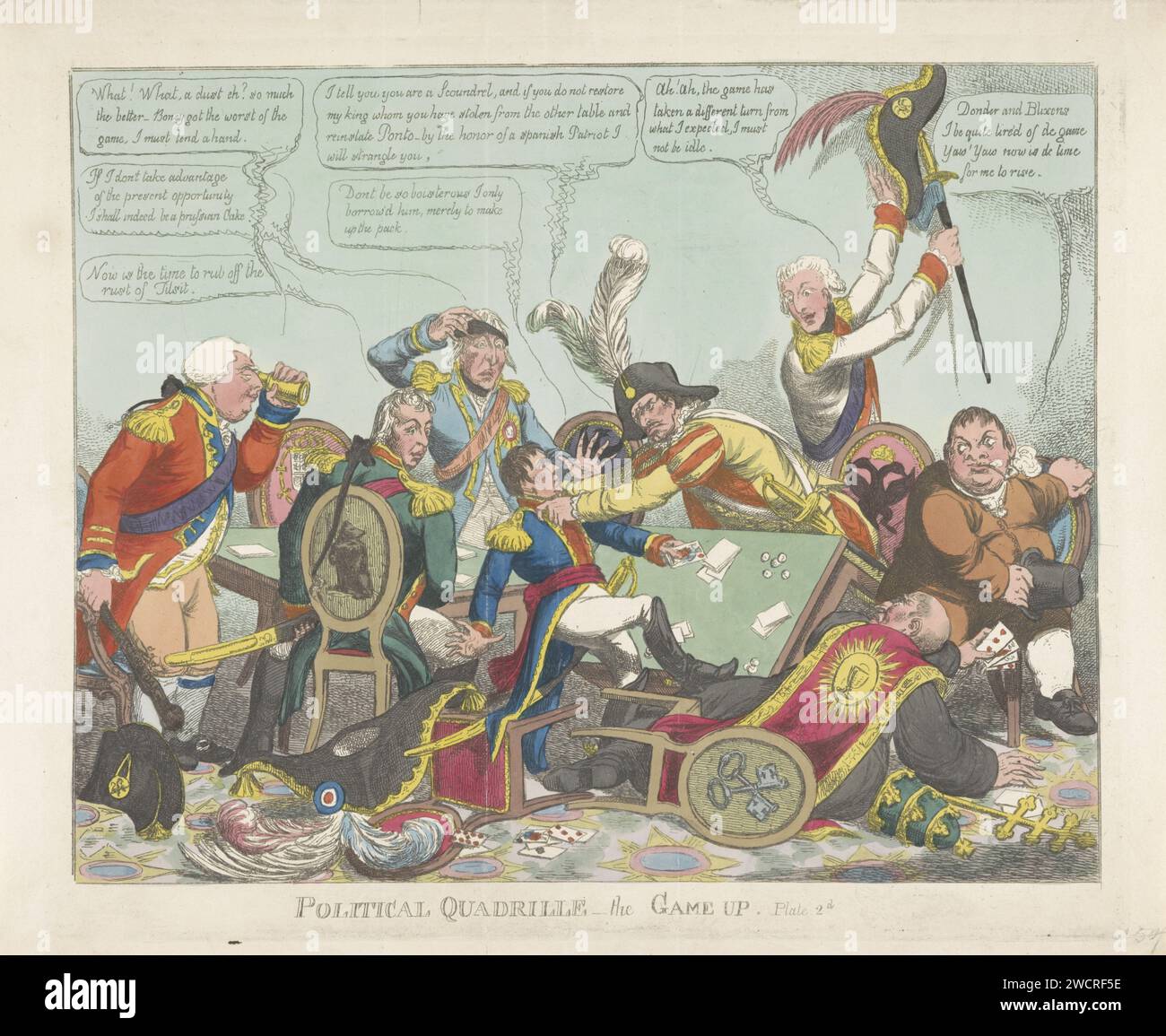 Political quadrille, 1808, Charles Williams, 1808 une querelle d'impression éclate parmi les huit joueurs de cartes qui jouent au jeu de cartes Card Vradrille à deux tables. Napoléon est saisi par un Espagnol en colère au col. A gauche, le roi anglais George III regarde le combat avec un télescope. Frederik Willem III, roi de Prusse et le tsar Alexandre Ier regardent choqué. Sur la droite, l'empereur autrichien Frans II saisit son chapeau et son épée, le pape Pie VII est tombé de sa chaise et repose sur le sol. Le Néerlandais se prépare à partir. Caricature sur la situation politique en Europe en 1808. Suite sur la Banque D'Images