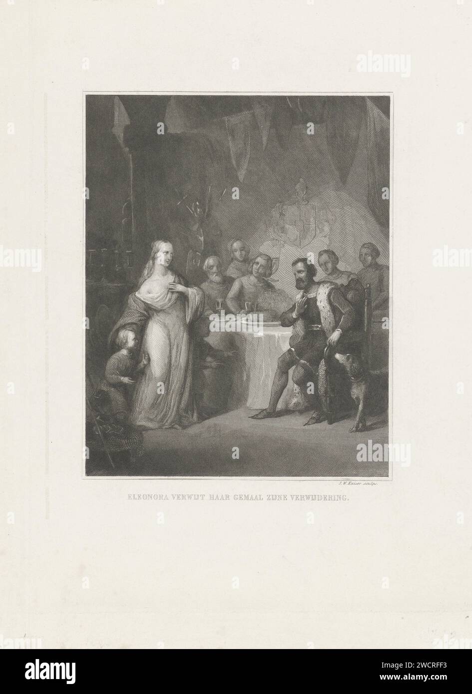 Éléonore blâme le comte Reinoud II de l'enlèvement de Gelre, Johann Wilhelm Kaiser (I), 1840 - 1884 print Éléonora van Engeland blâme son mari Graaf Reinoud II de l'enlèvement de Gelre à Nimègue en l'an 1342. Elle prouve à son mari qu'elle n'est pas lépreuse et qu'il l'a donc rejetée à tort. Elle prédit la chute de sa maison, les deux fils debout à côté d'elle, mourront dans la bataille pour le nom de leur père. Gravure sur papier acier Nijmegen Banque D'Images